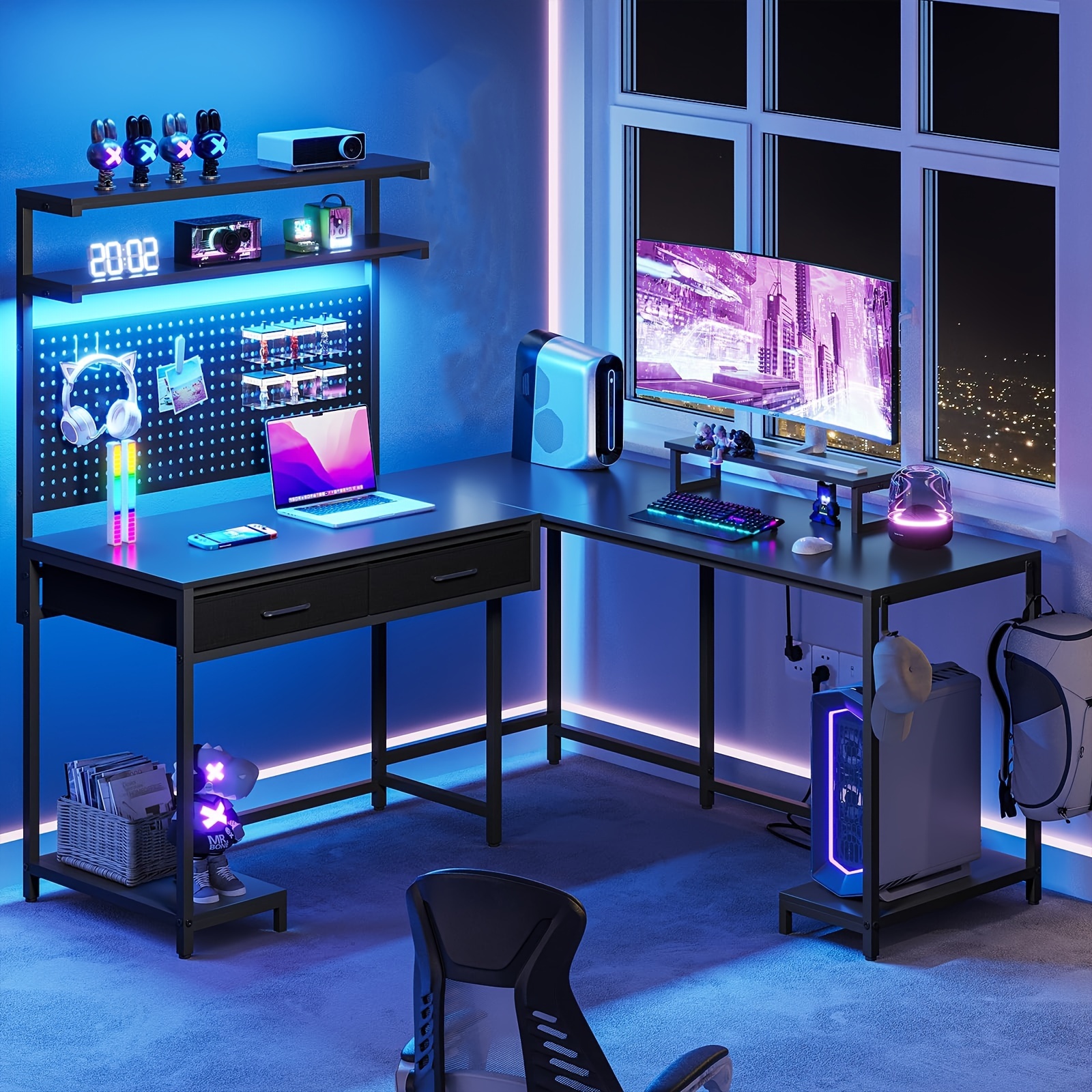 black l shaped gaming desk with led lights pegboard and drawers computer desk with hutch and drawers with monitor stand storage shelves home office desk details 0