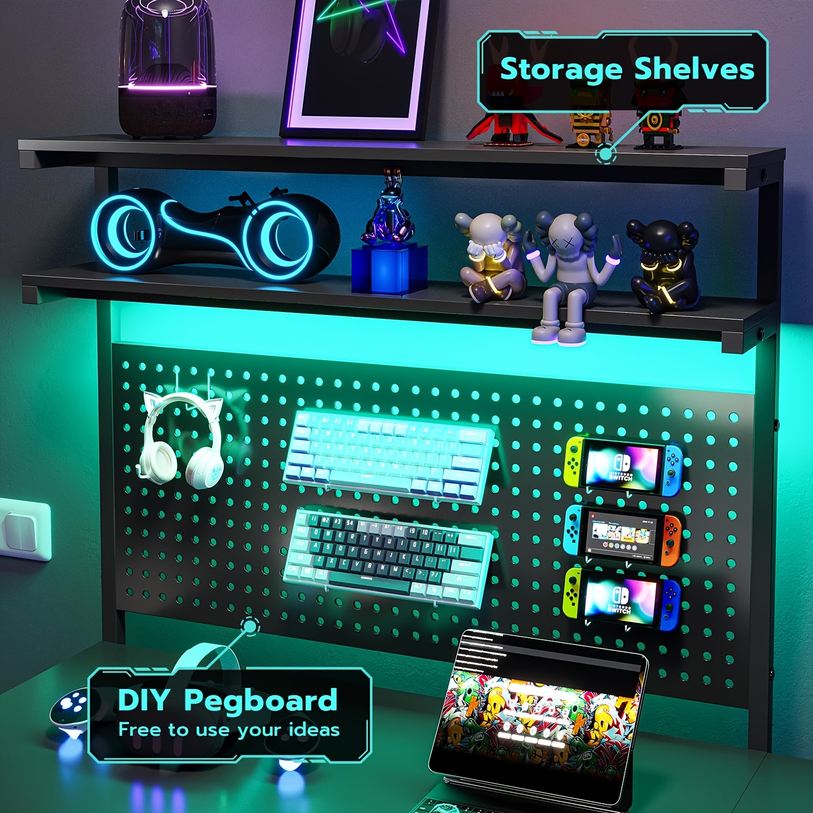 black l shaped gaming desk with led lights pegboard and drawers computer desk with hutch and drawers with monitor stand storage shelves home office desk details 3