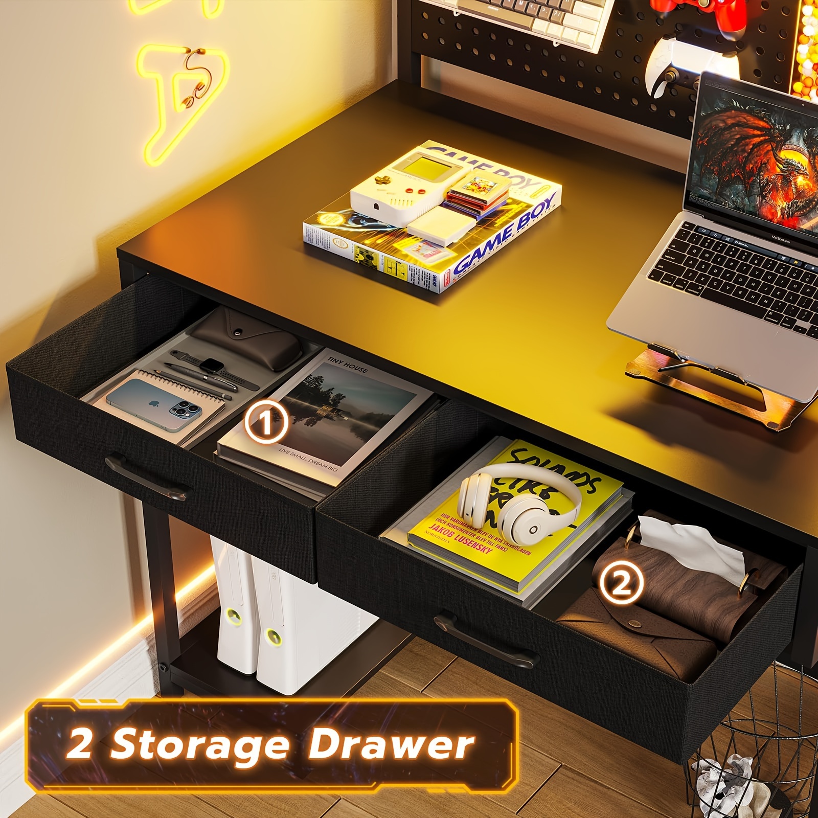 black l shaped gaming desk with led lights pegboard and drawers computer desk with hutch and drawers with monitor stand storage shelves home office desk details 4