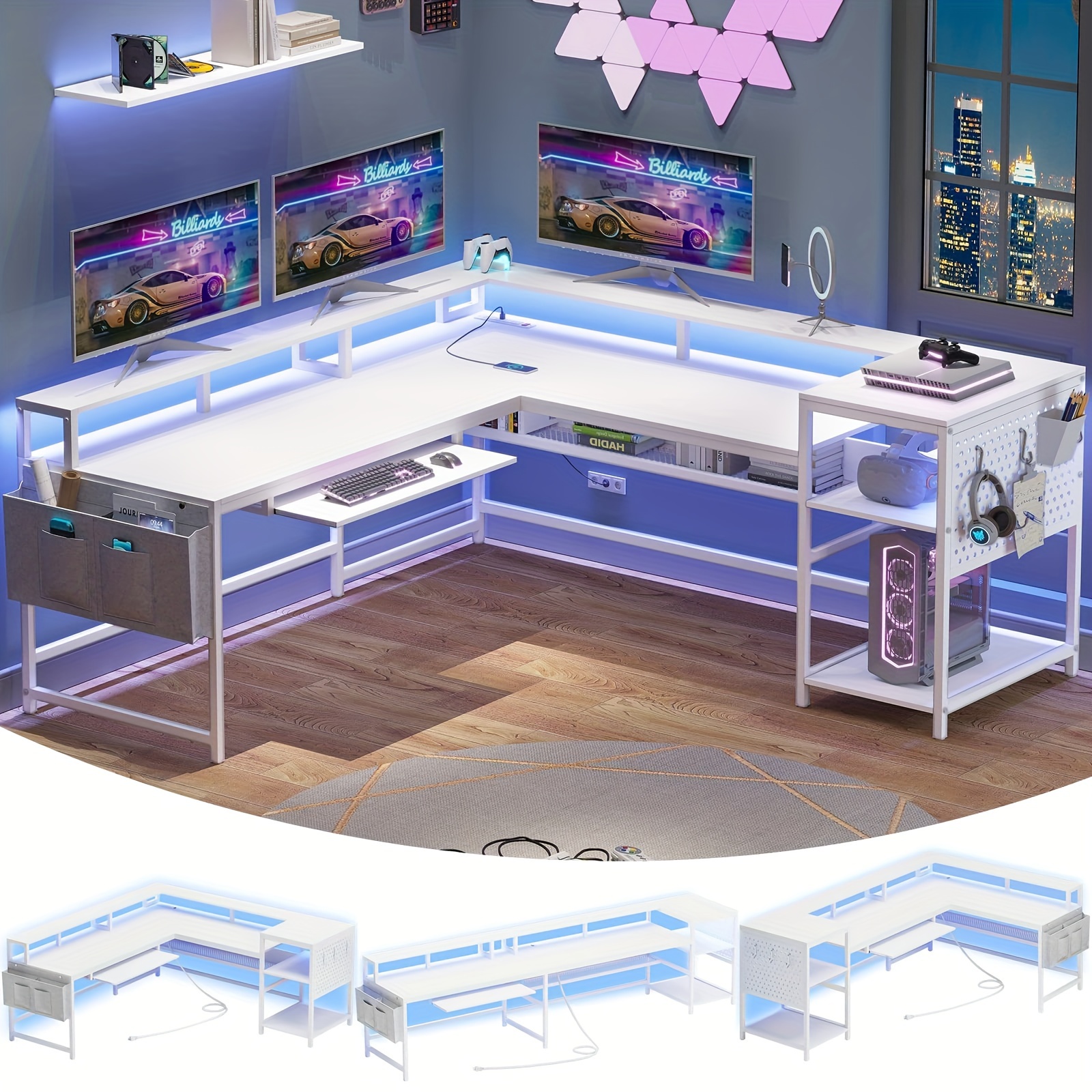 white l shaped gaming desk with monitor shelf keyboard tray pegboard reversible home office desk with storage shelves details 0