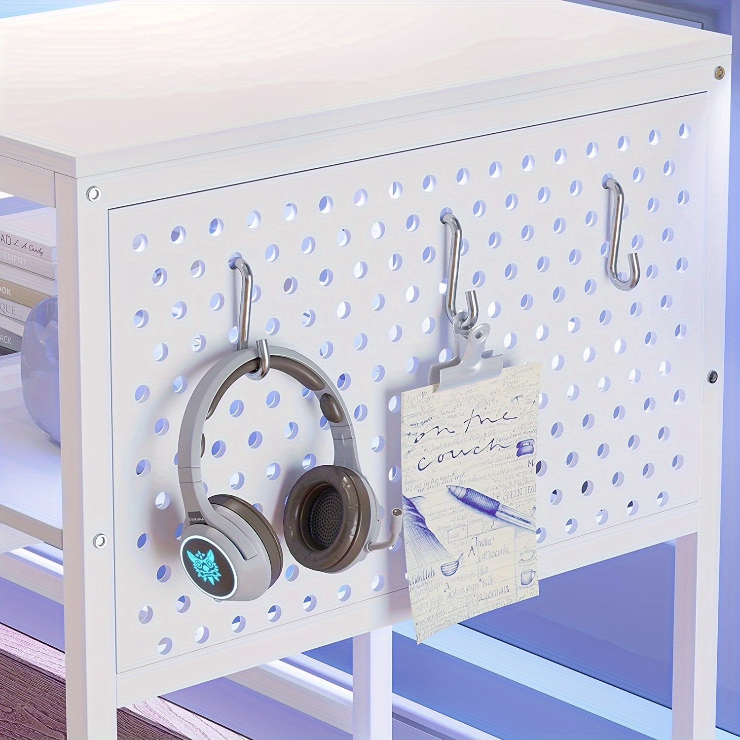 white l shaped gaming desk with monitor shelf keyboard tray pegboard reversible home office desk with storage shelves details 1