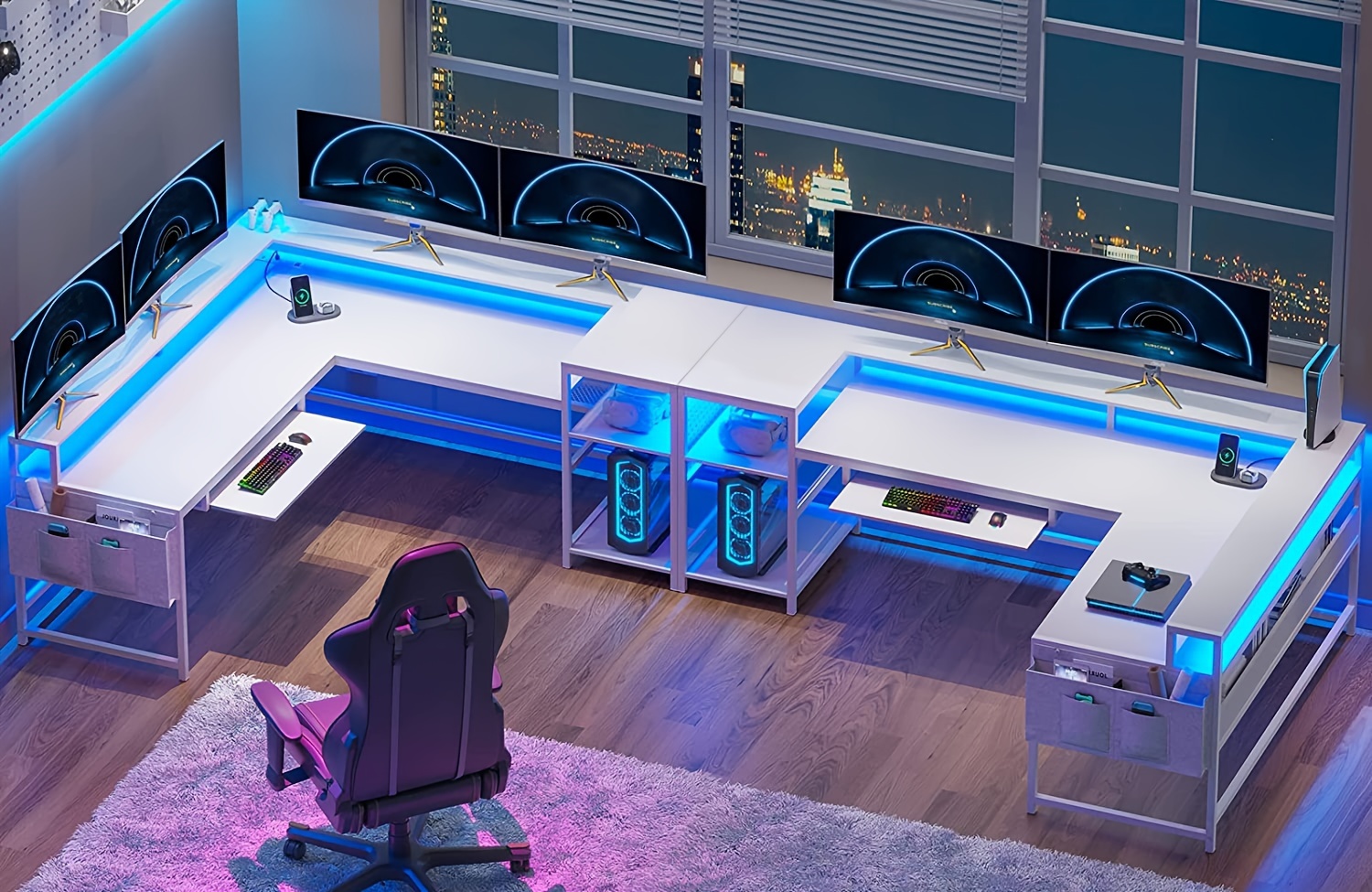 white l shaped gaming desk with monitor shelf keyboard tray pegboard reversible home office desk with storage shelves details 3