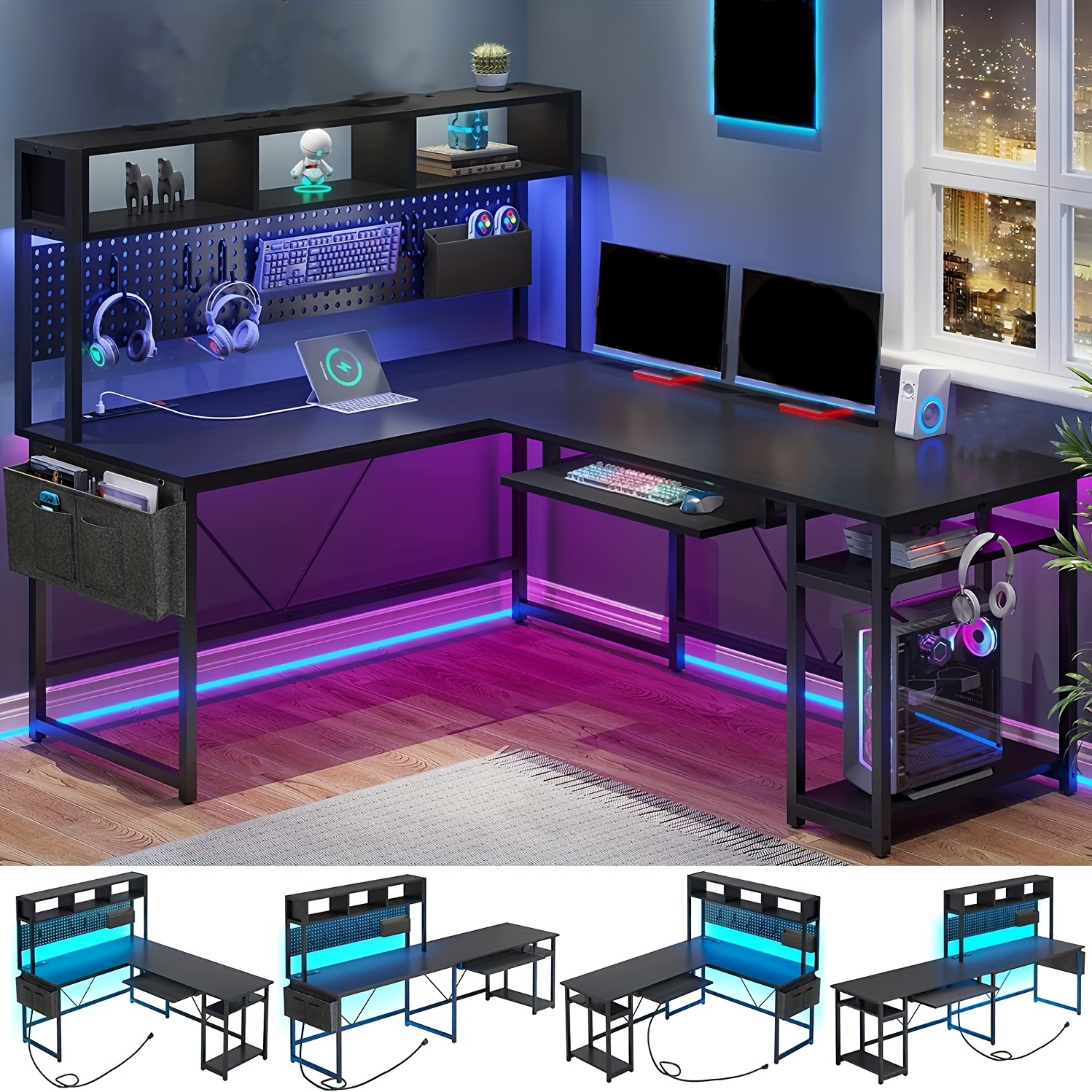 1pcs black l shaped gaming desk with keyboard tray and storage bag reversible computer desk with storage shelves and pegboard for home office details 1