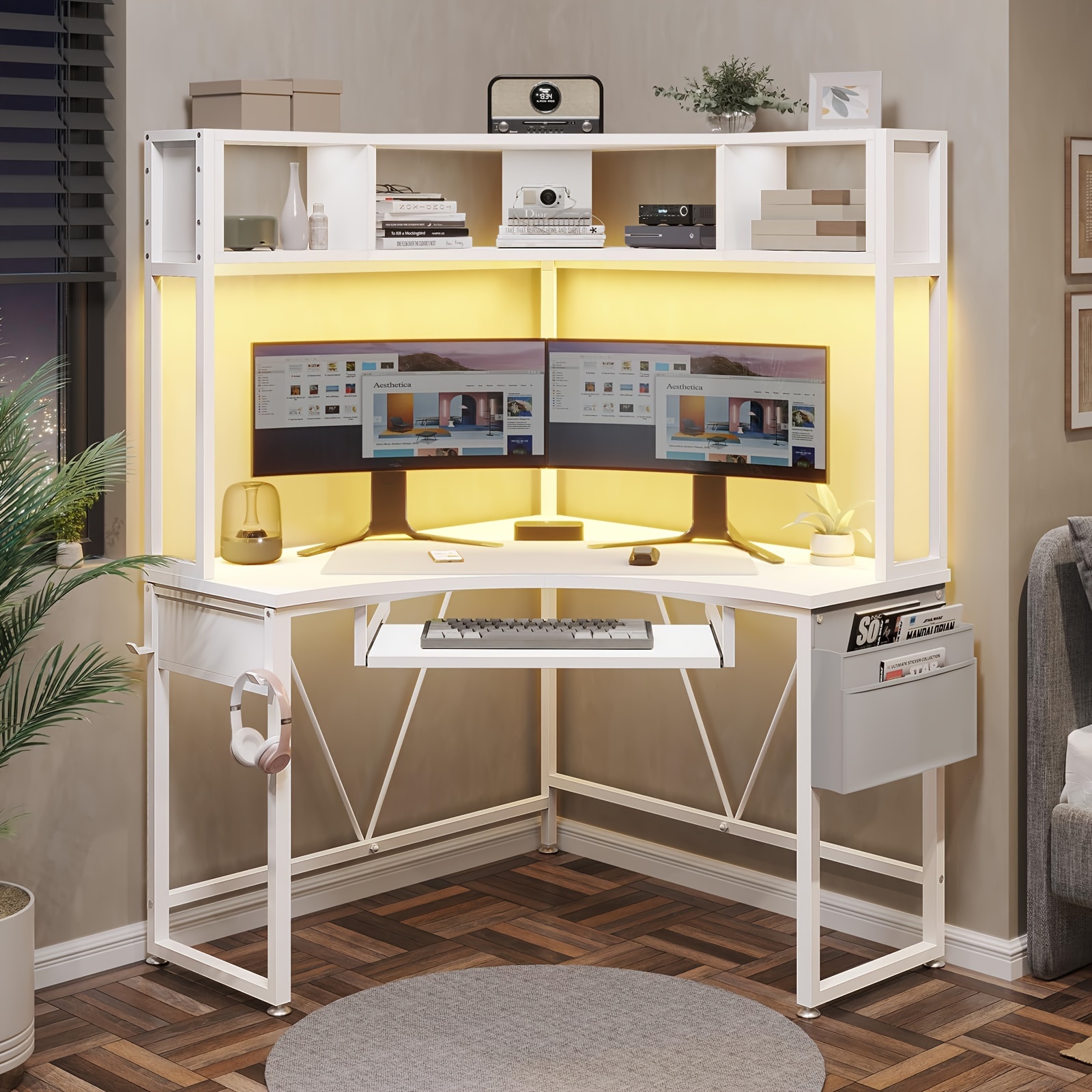 1pcs white small computer desk with hutch triangle office desk with keyboard tray storage bag hook details 0