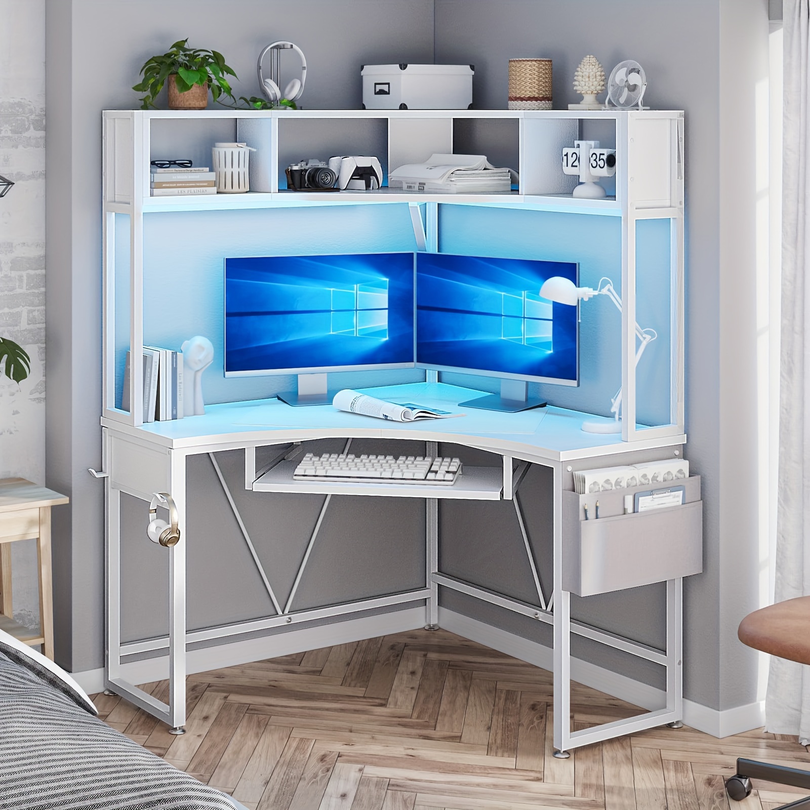 1pcs white small computer desk with hutch triangle office desk with keyboard tray storage bag hook details 1