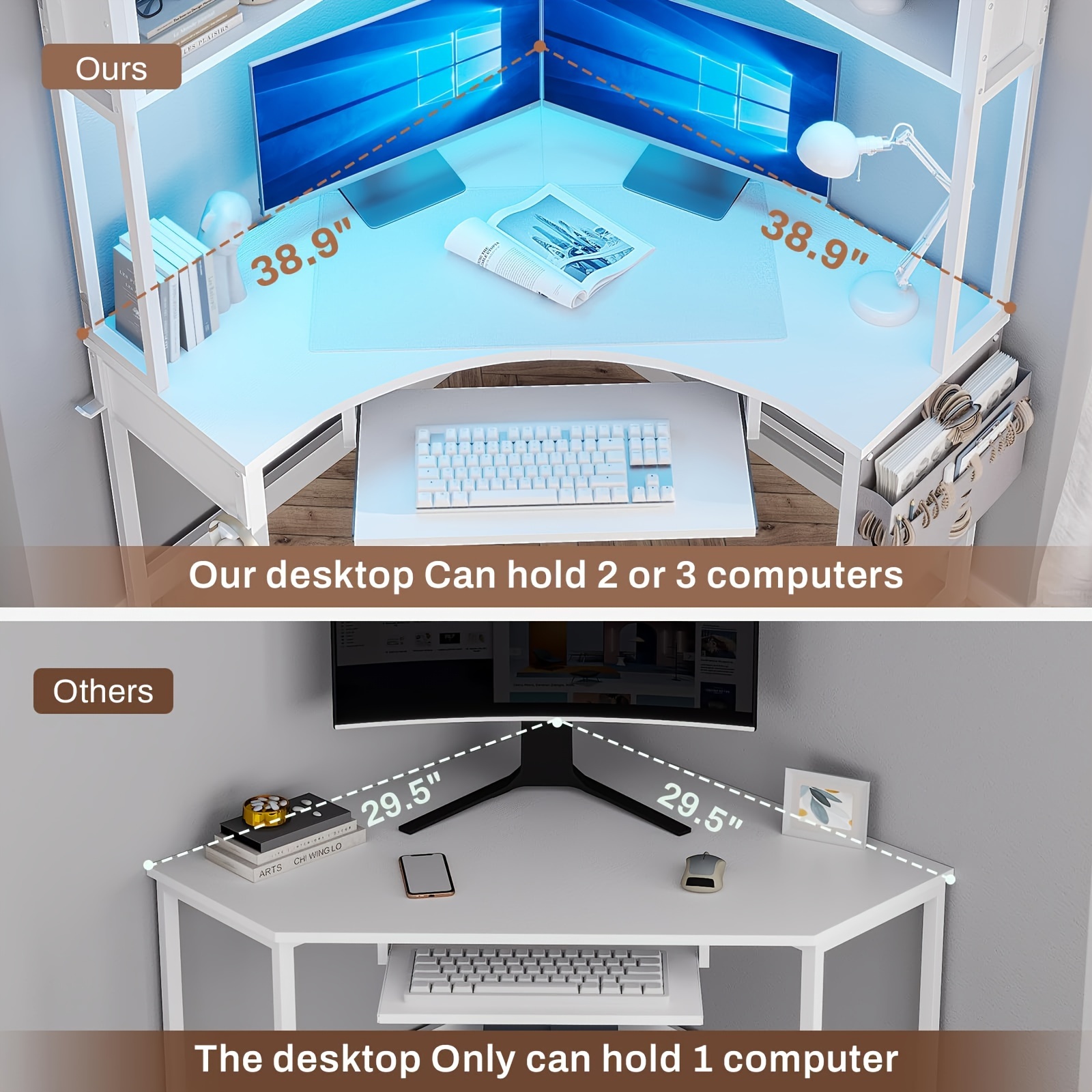1pcs white small computer desk with hutch triangle office desk with keyboard tray storage bag hook details 2