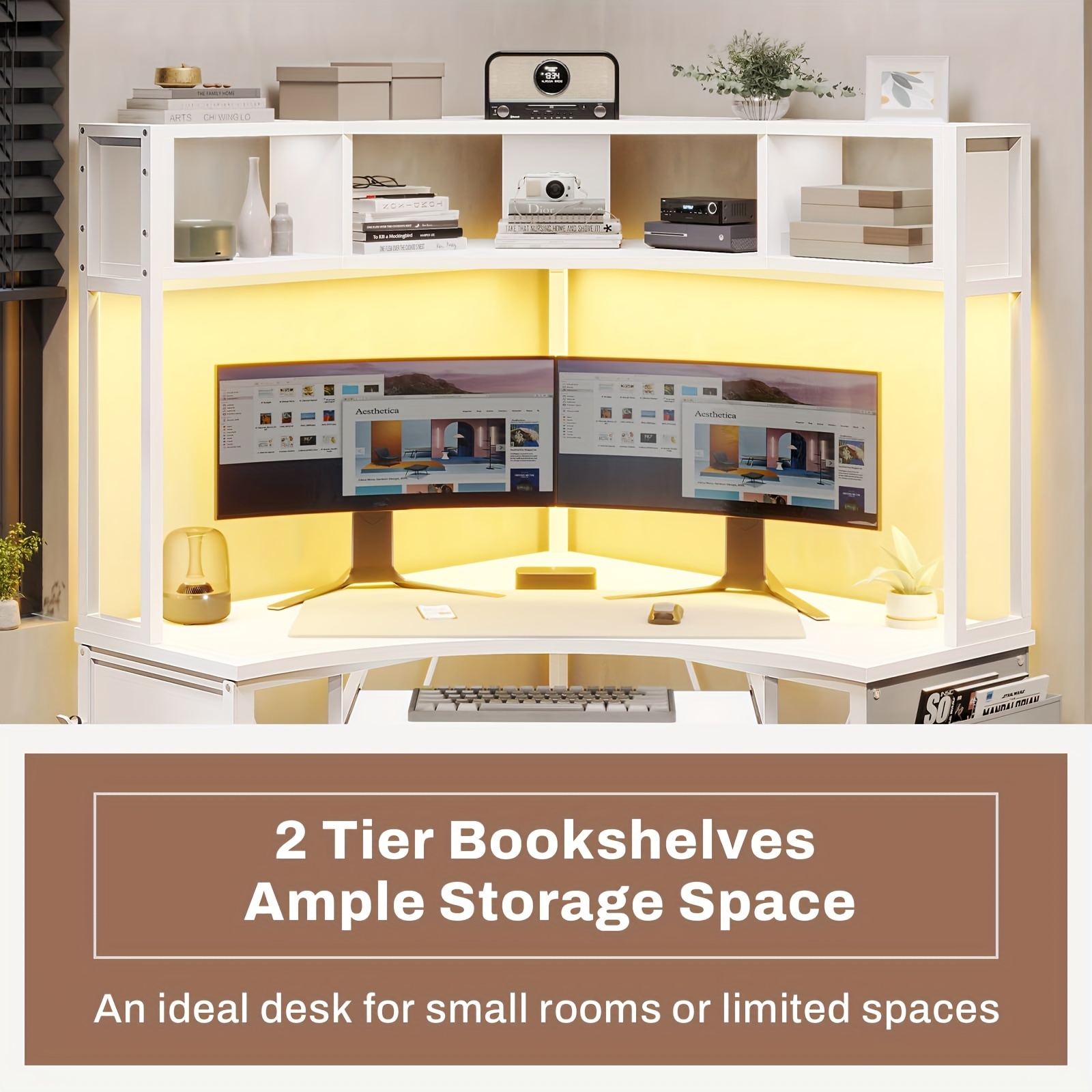 1pcs white small computer desk with hutch triangle office desk with keyboard tray storage bag hook details 3