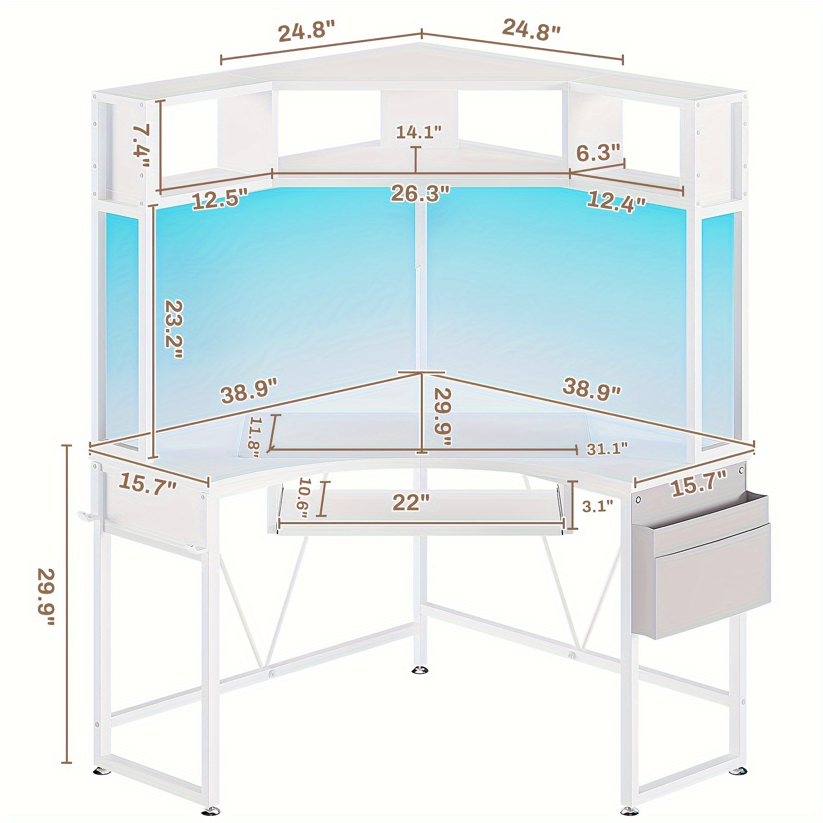 1pcs white small computer desk with hutch triangle office desk with keyboard tray storage bag hook details 5