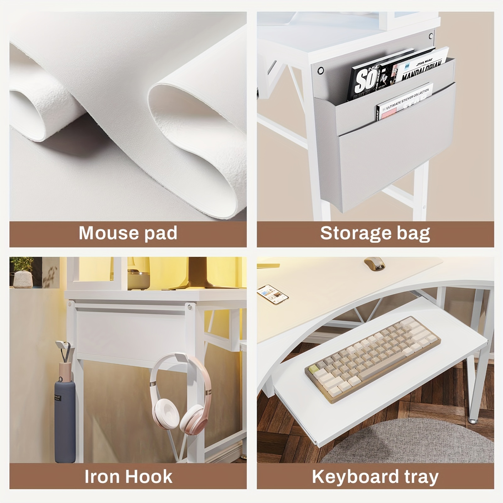 1pcs white small computer desk with hutch triangle office desk with keyboard tray storage bag hook details 6
