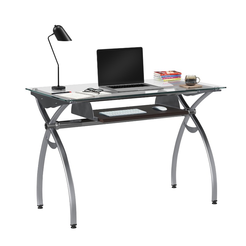mobili contempo clear glass desk with pull out keyboard panel clear details 0