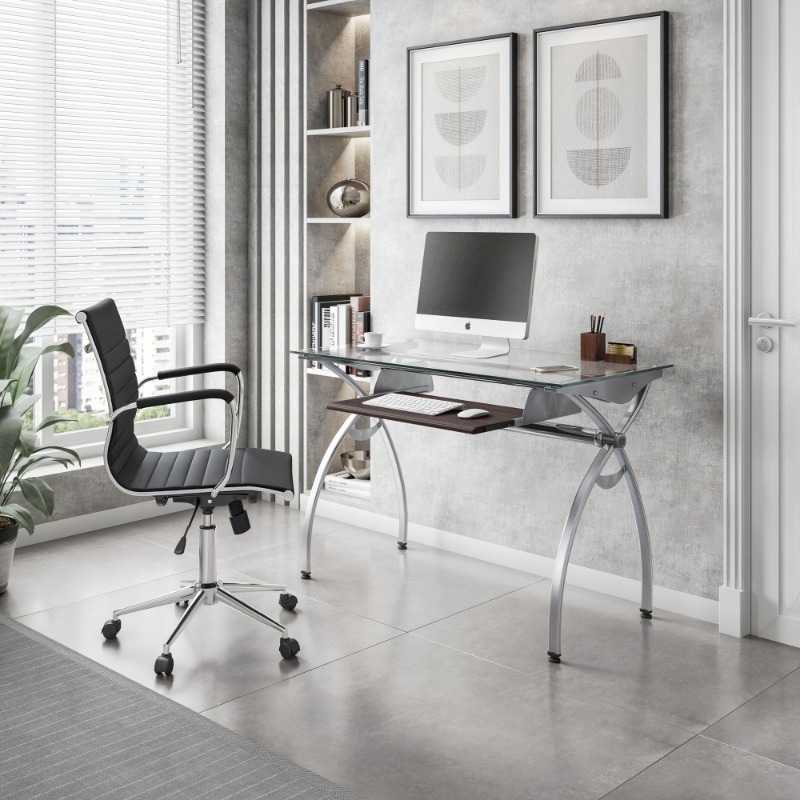 mobili contempo clear glass desk with pull out keyboard panel clear details 1