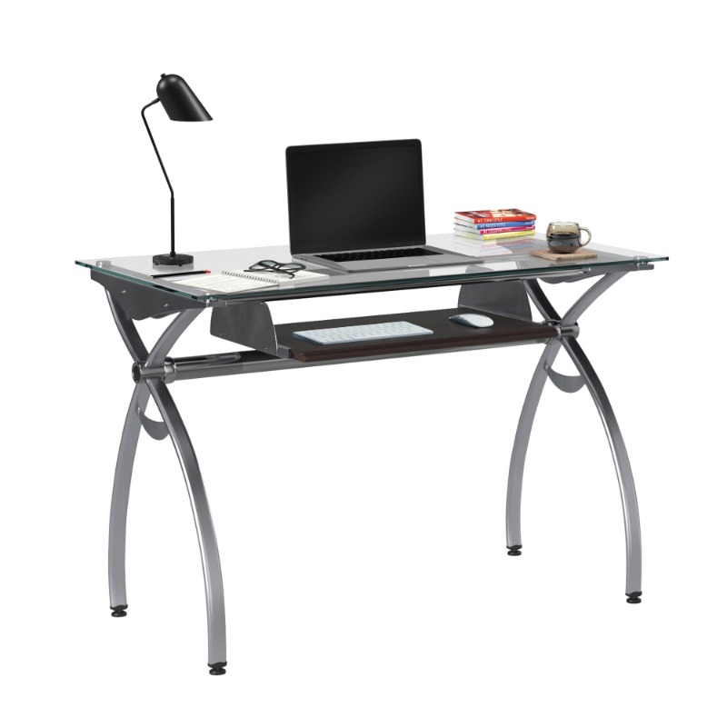 mobili contempo clear glass desk with pull out keyboard panel clear details 2