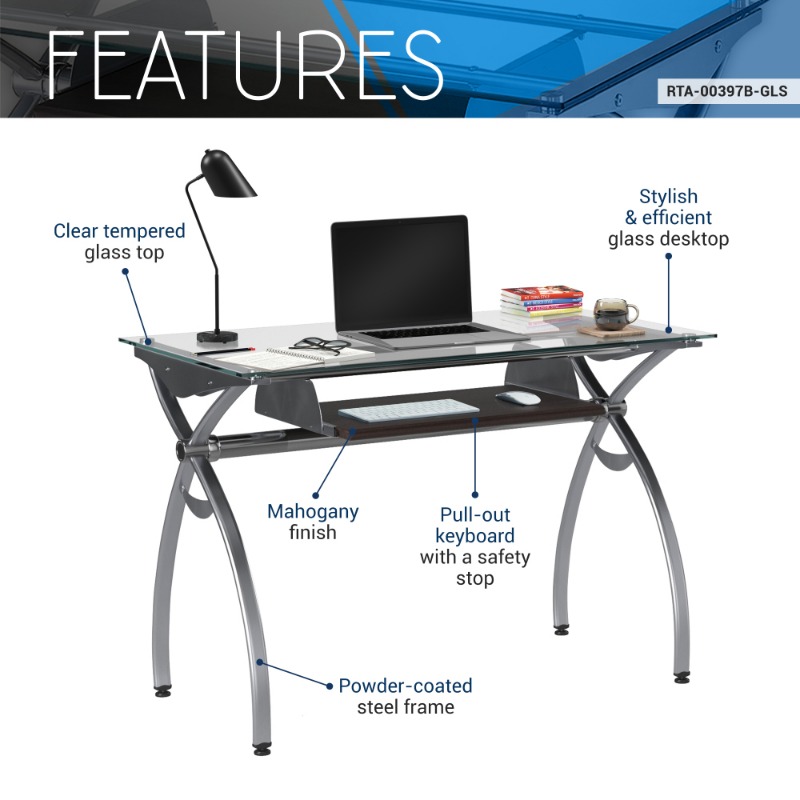 mobili contempo clear glass desk with pull out keyboard panel clear details 3