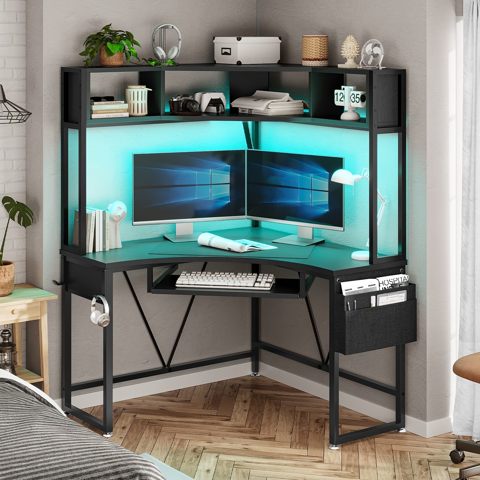 computer desk office computer desk with keyboard tray storage bag and headphone hook details 0