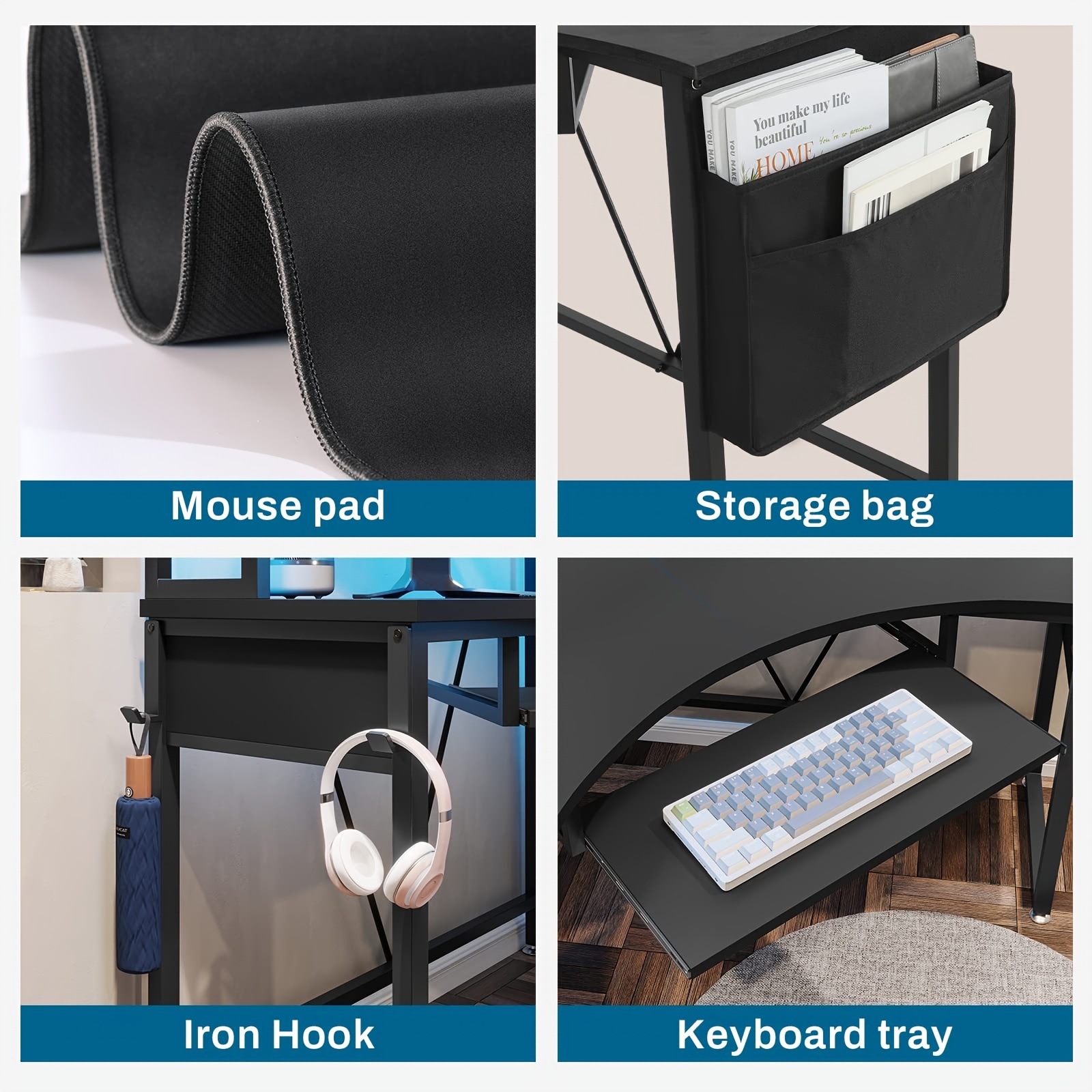 computer desk office computer desk with keyboard tray storage bag and headphone hook details 1