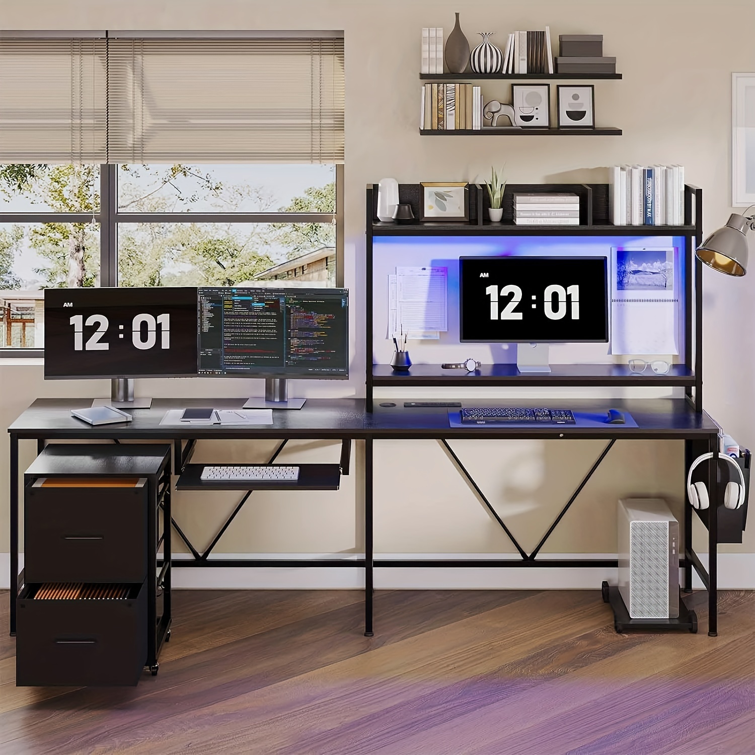 black computer desk l shaped gaming desk with file cabinet keyboard tray reversible home office desk with hutch monitor stand details 1