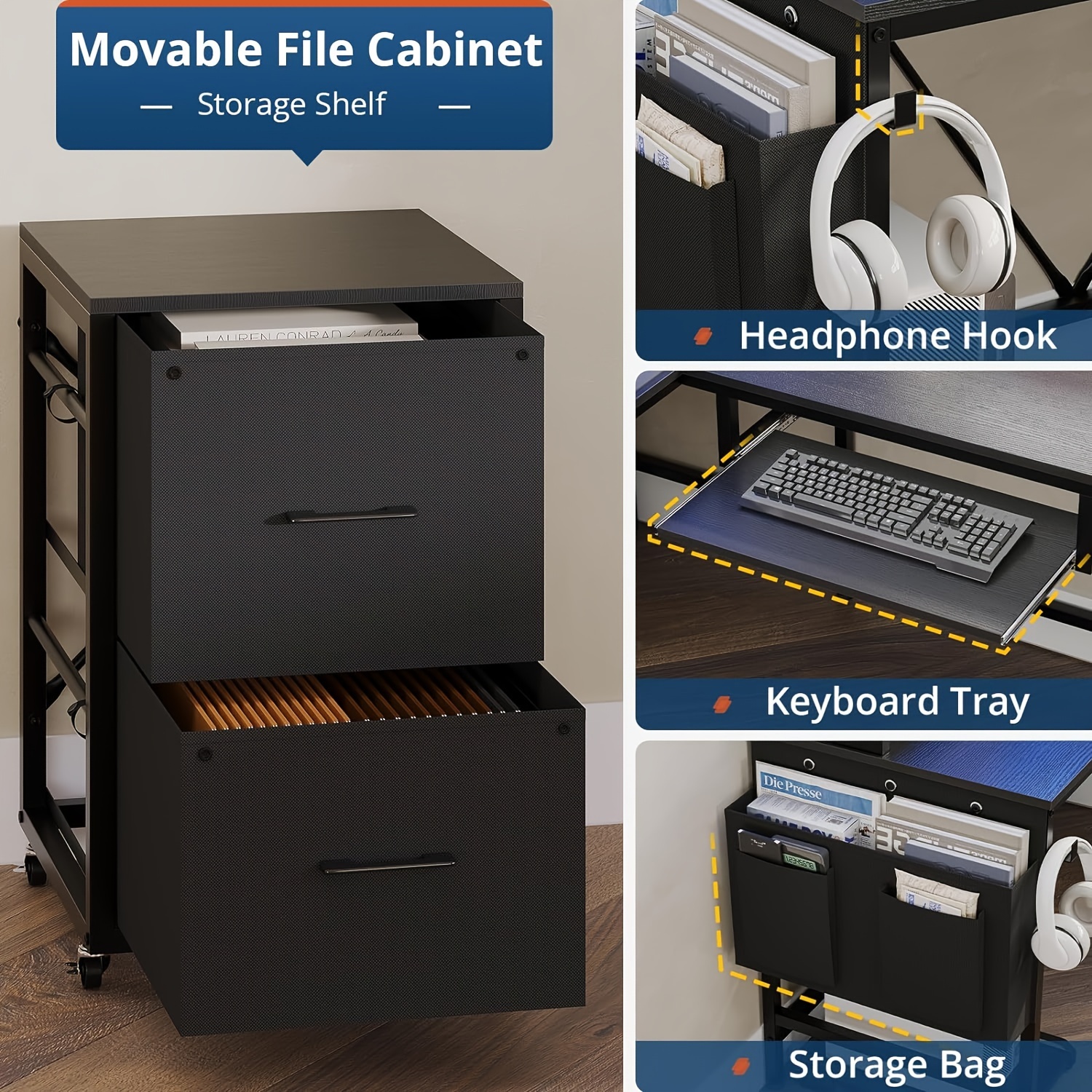 black computer desk l shaped gaming desk with file cabinet keyboard tray reversible home office desk with hutch monitor stand details 2