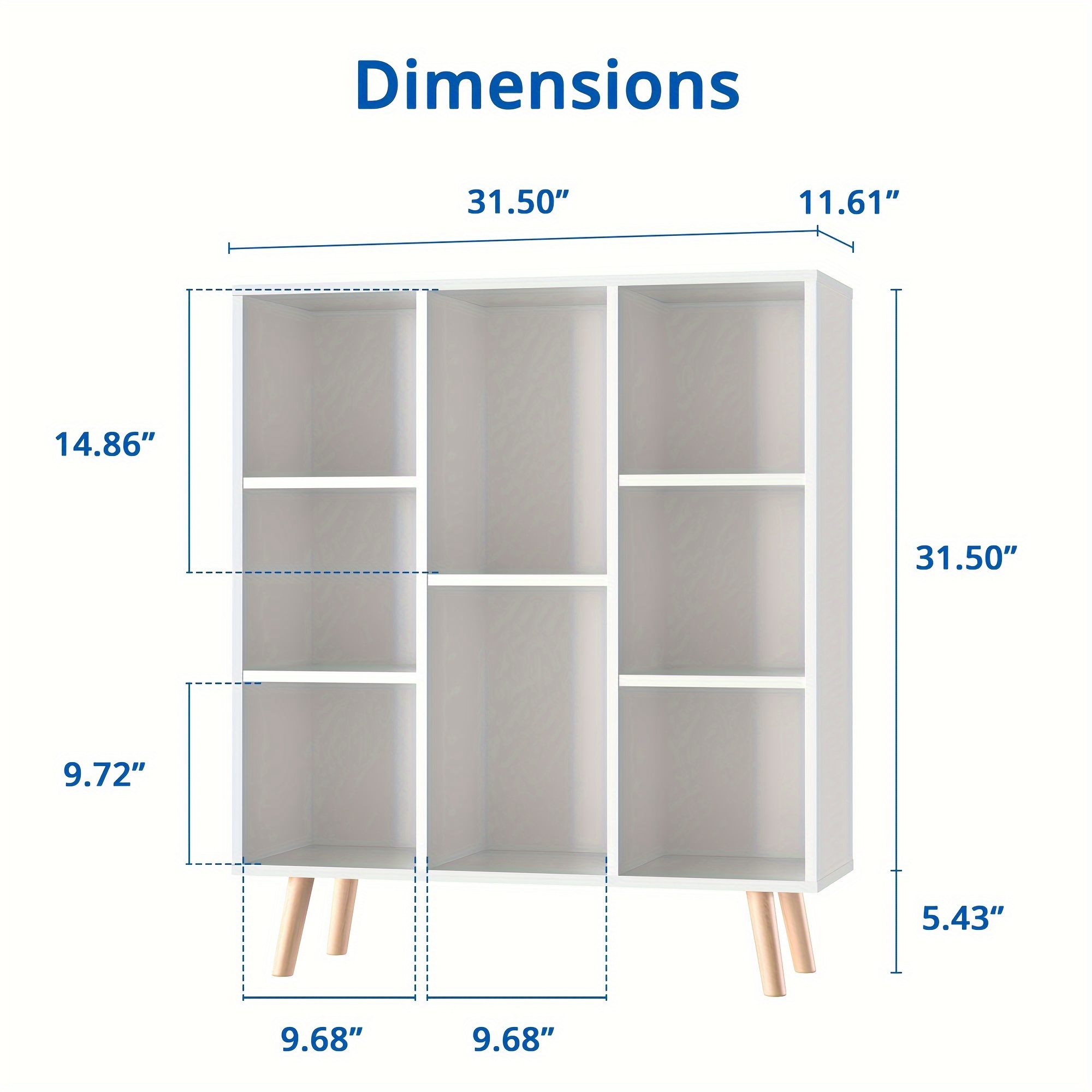 modern 8 cube bookcase with legs retro wood storage organizer shelf freestanding open bookshelves for living room office in white 11 61 d x 31 5 w x 36 93 h details 4