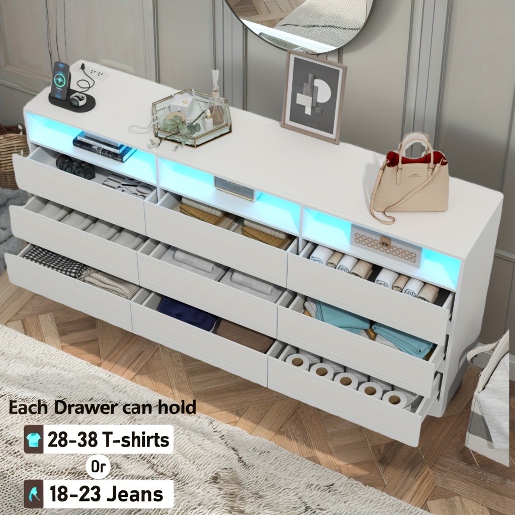 9 drawer double dresser with power outlet lights long dresser chests of drawers for bedroom living room details 1