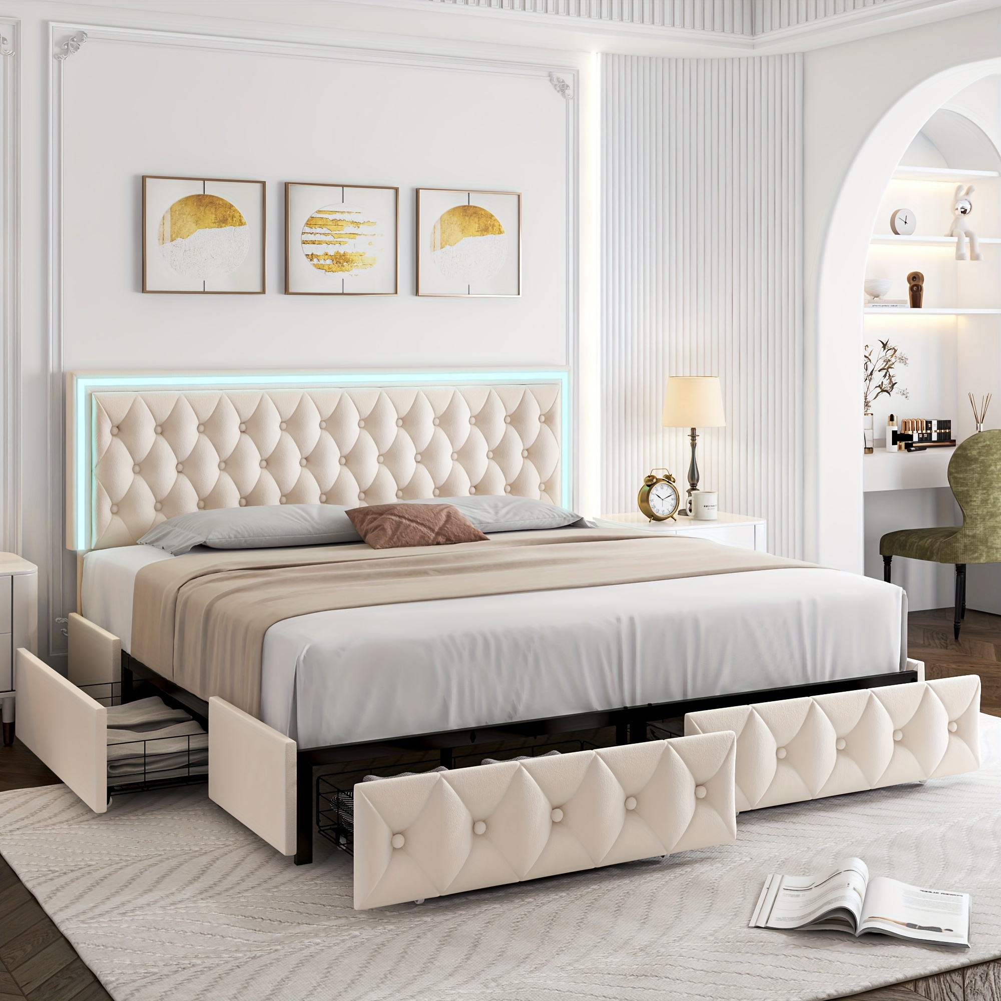 upholstered full queen bed frame with adjuatable headboard and 4 storage drawers platform bed frame with button tufted headboard no box spring needed velvet beige pu white pu black details 0