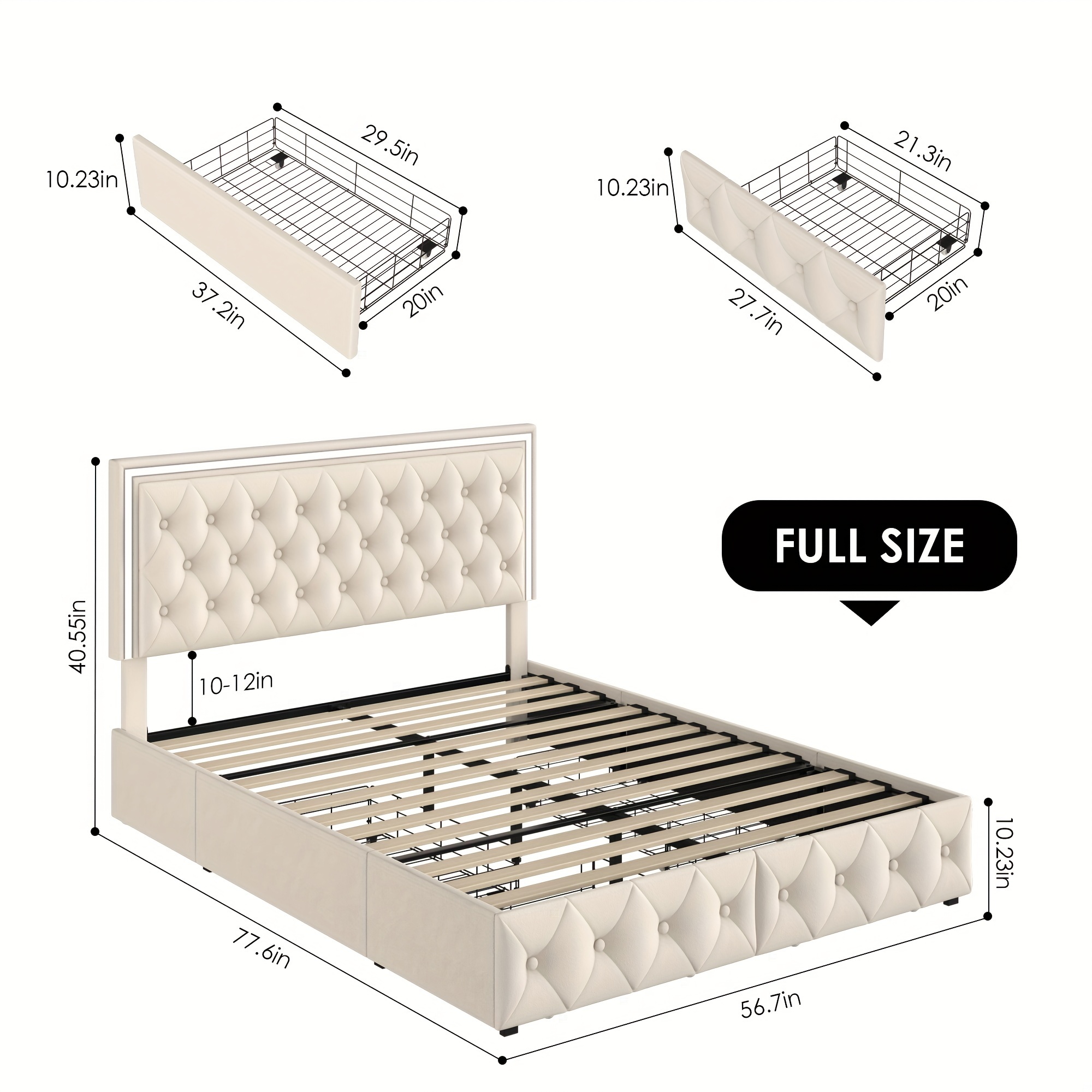 upholstered full queen bed frame with adjuatable headboard and 4 storage drawers platform bed frame with button tufted headboard no box spring needed velvet beige pu white pu black details 2