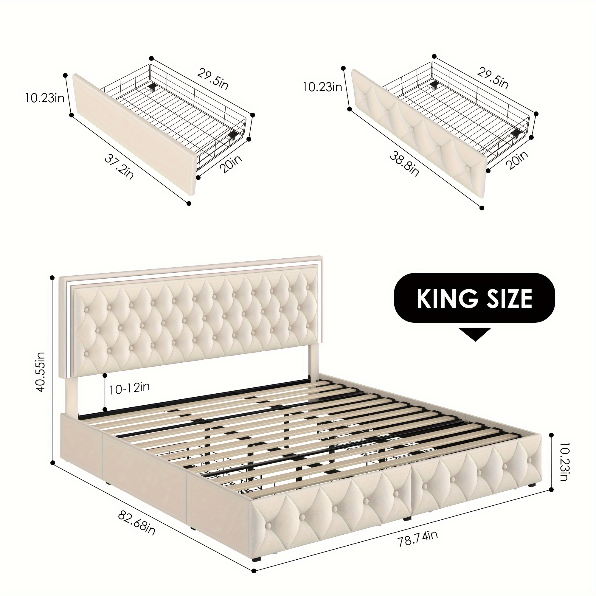 upholstered full queen bed frame with adjuatable headboard and 4 storage drawers platform bed frame with button tufted headboard no box spring needed velvet beige pu white pu black details 4