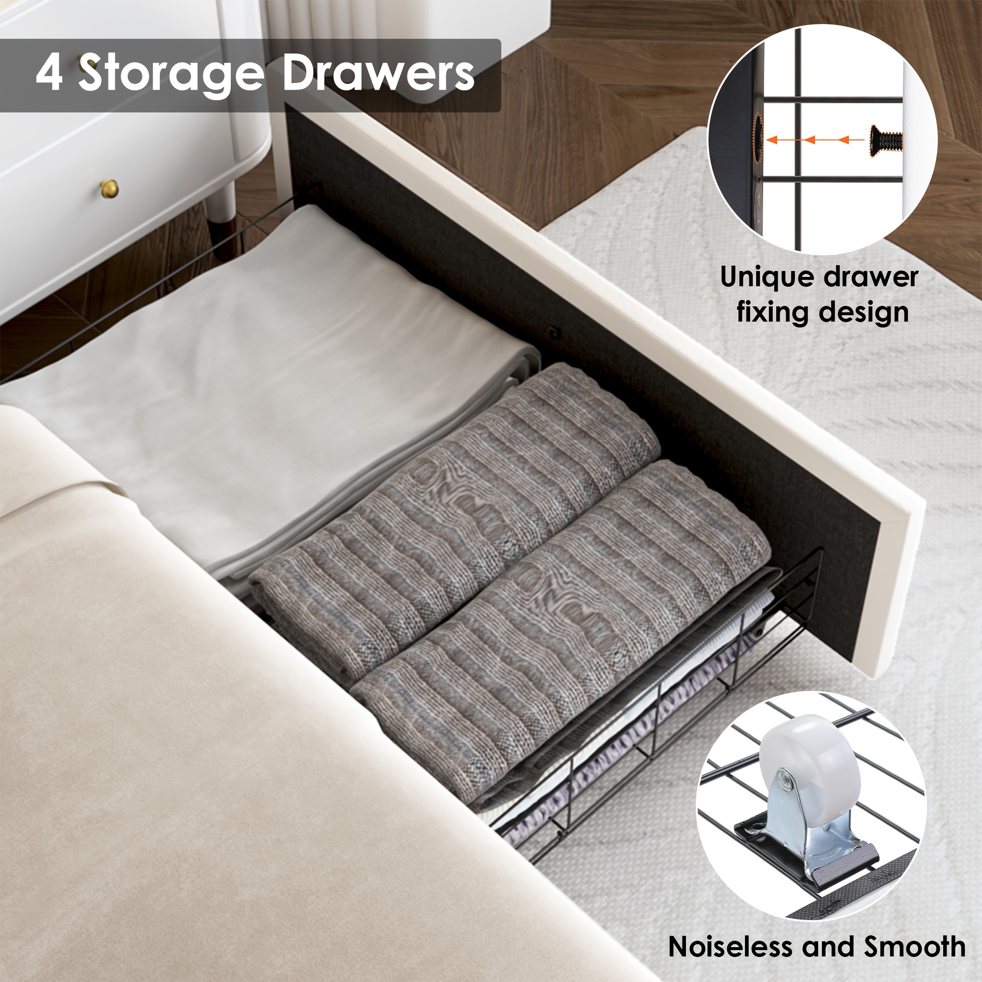 upholstered full queen bed frame with adjuatable headboard and 4 storage drawers platform bed frame with button tufted headboard no box spring needed velvet beige pu white pu black details 5