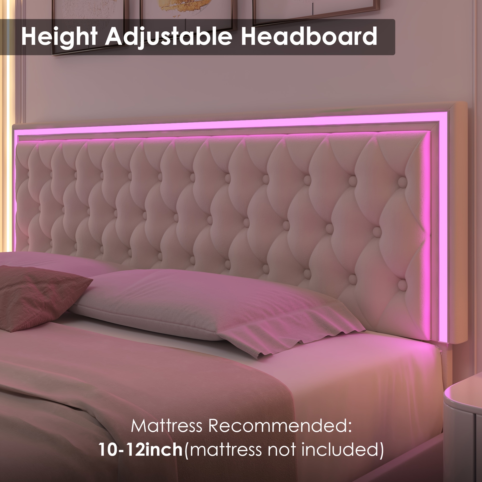 upholstered full queen bed frame with adjuatable headboard and 4 storage drawers platform bed frame with button tufted headboard no box spring needed velvet beige pu white pu black details 6