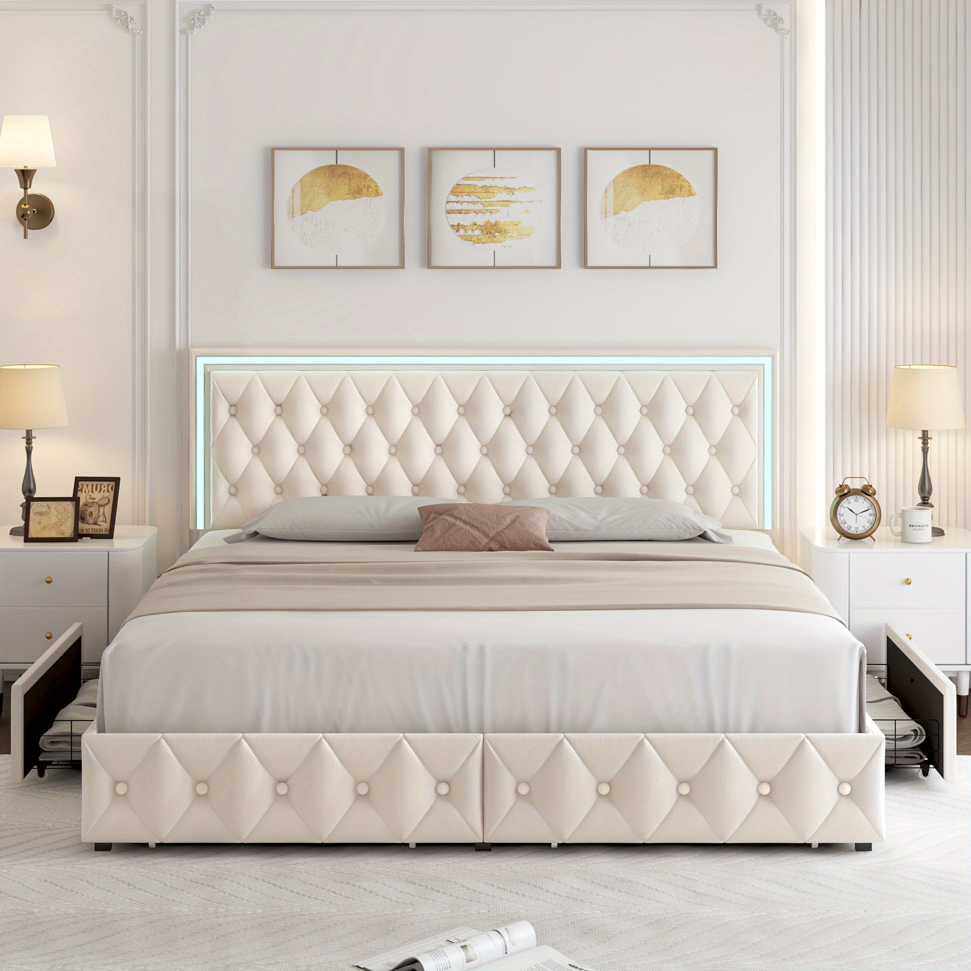 upholstered full queen bed frame with adjuatable headboard and 4 storage drawers platform bed frame with button tufted headboard no box spring needed velvet beige pu white pu black details 7
