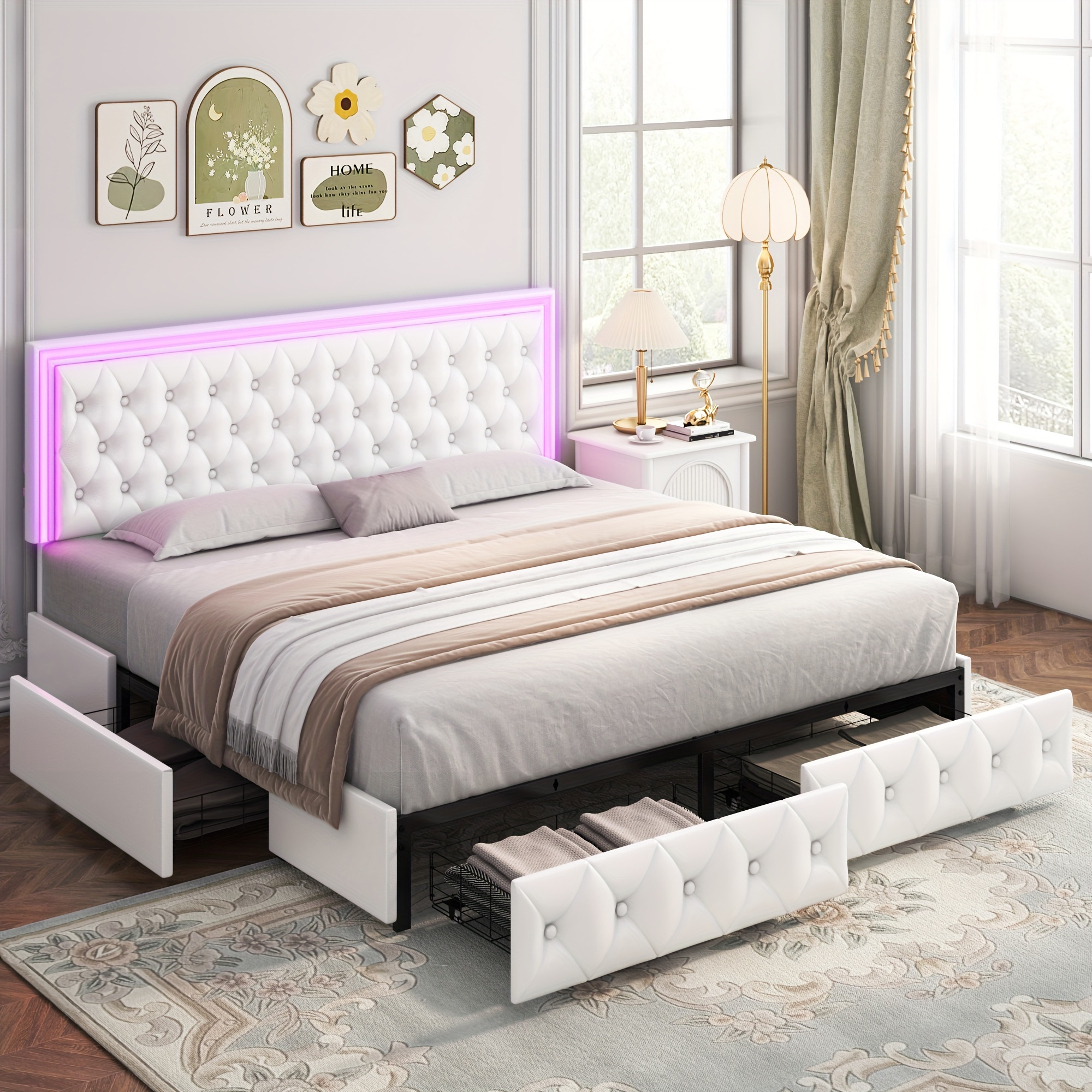 upholstered full queen bed frame with adjuatable headboard and 4 storage drawers platform bed frame with button tufted headboard no box spring needed velvet beige pu white pu black details 9