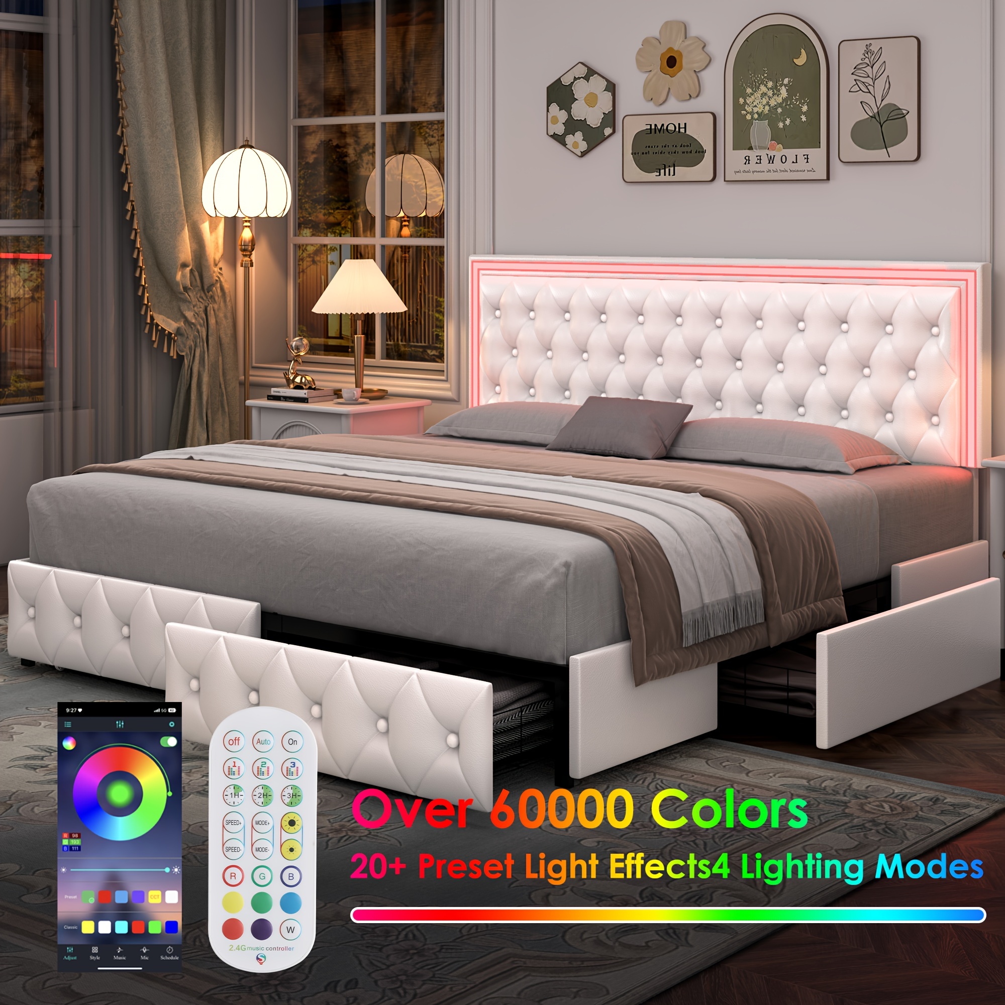 upholstered full queen bed frame with adjuatable headboard and 4 storage drawers platform bed frame with button tufted headboard no box spring needed velvet beige pu white pu black details 10
