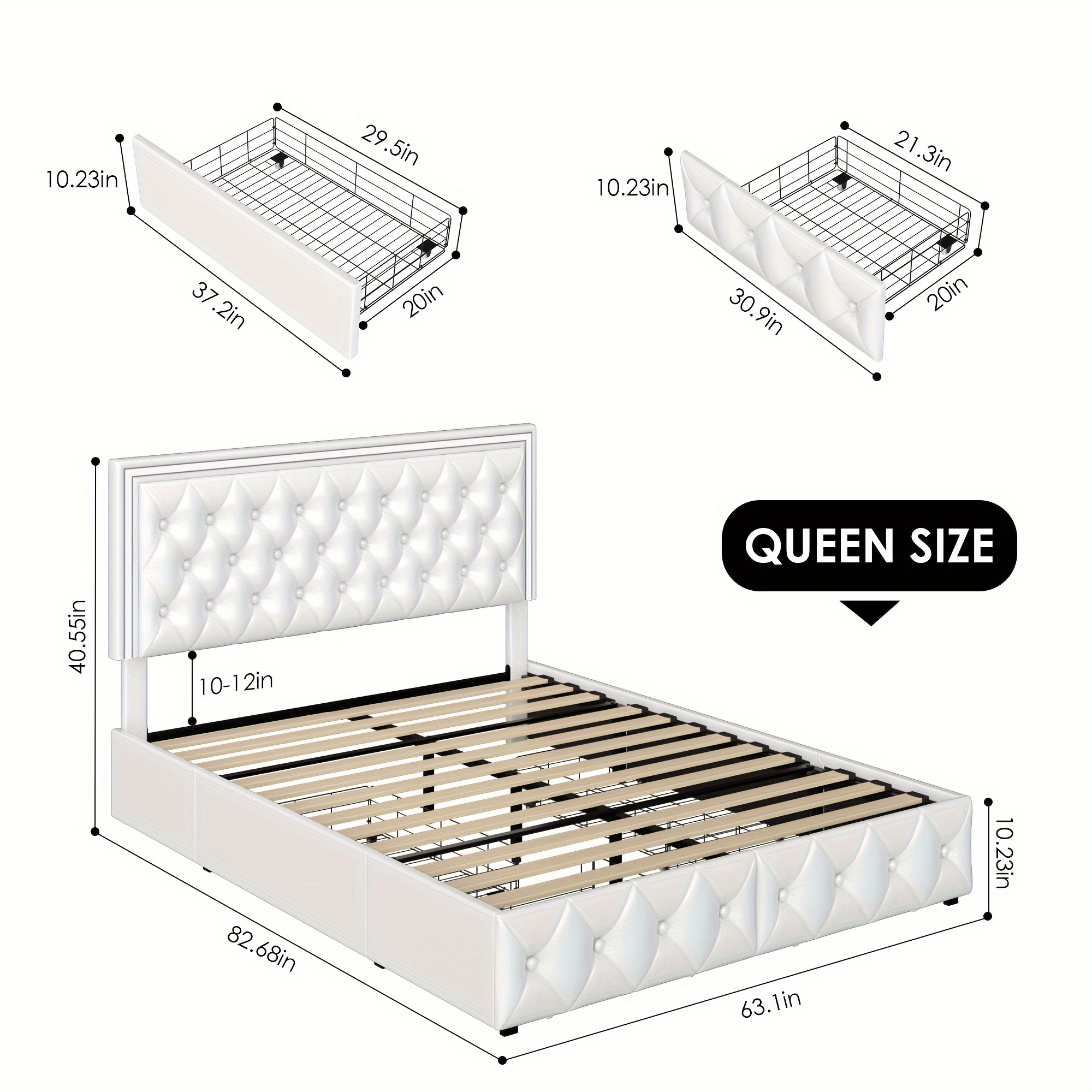 upholstered full queen bed frame with adjuatable headboard and 4 storage drawers platform bed frame with button tufted headboard no box spring needed velvet beige pu white pu black details 12