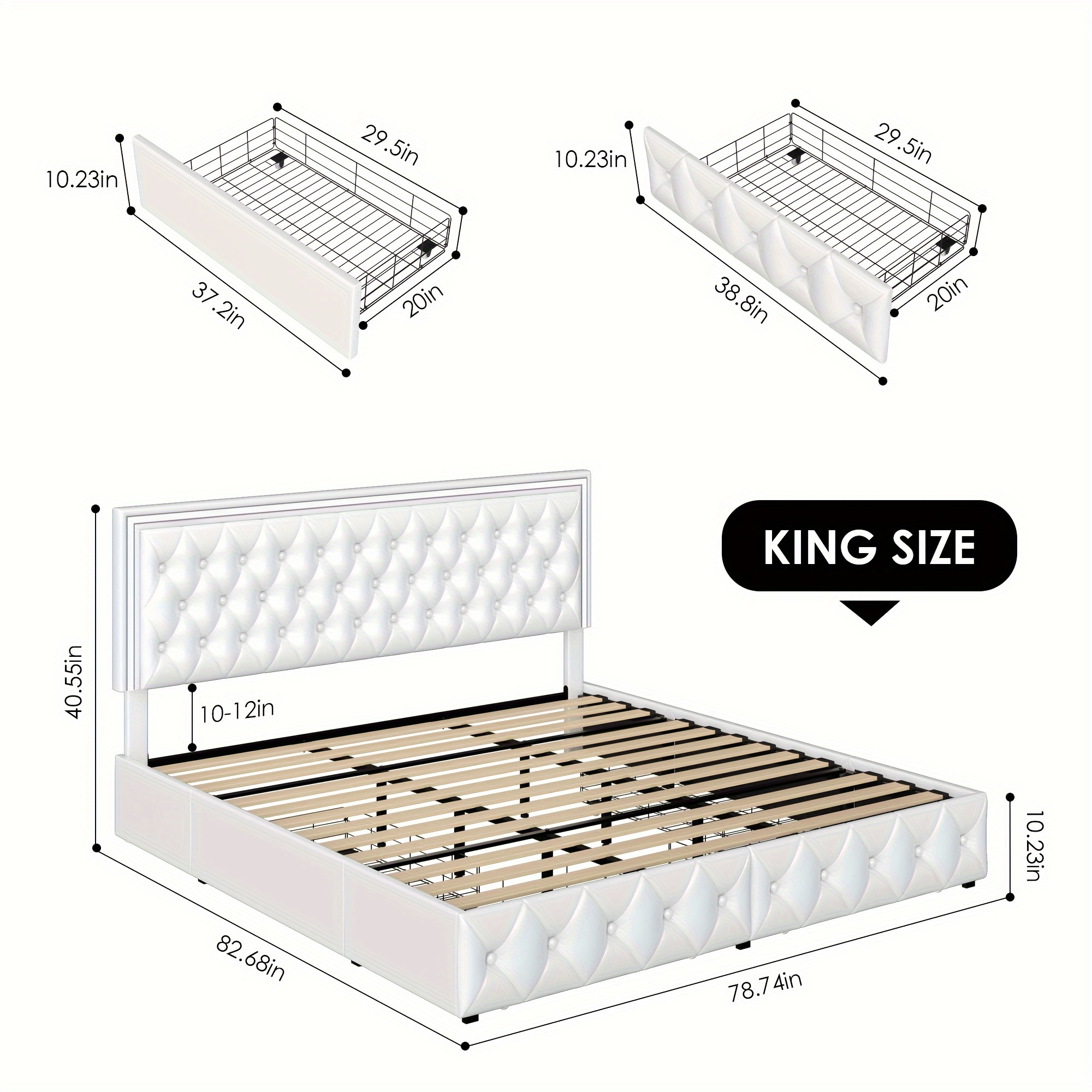 upholstered full queen bed frame with adjuatable headboard and 4 storage drawers platform bed frame with button tufted headboard no box spring needed velvet beige pu white pu black details 13