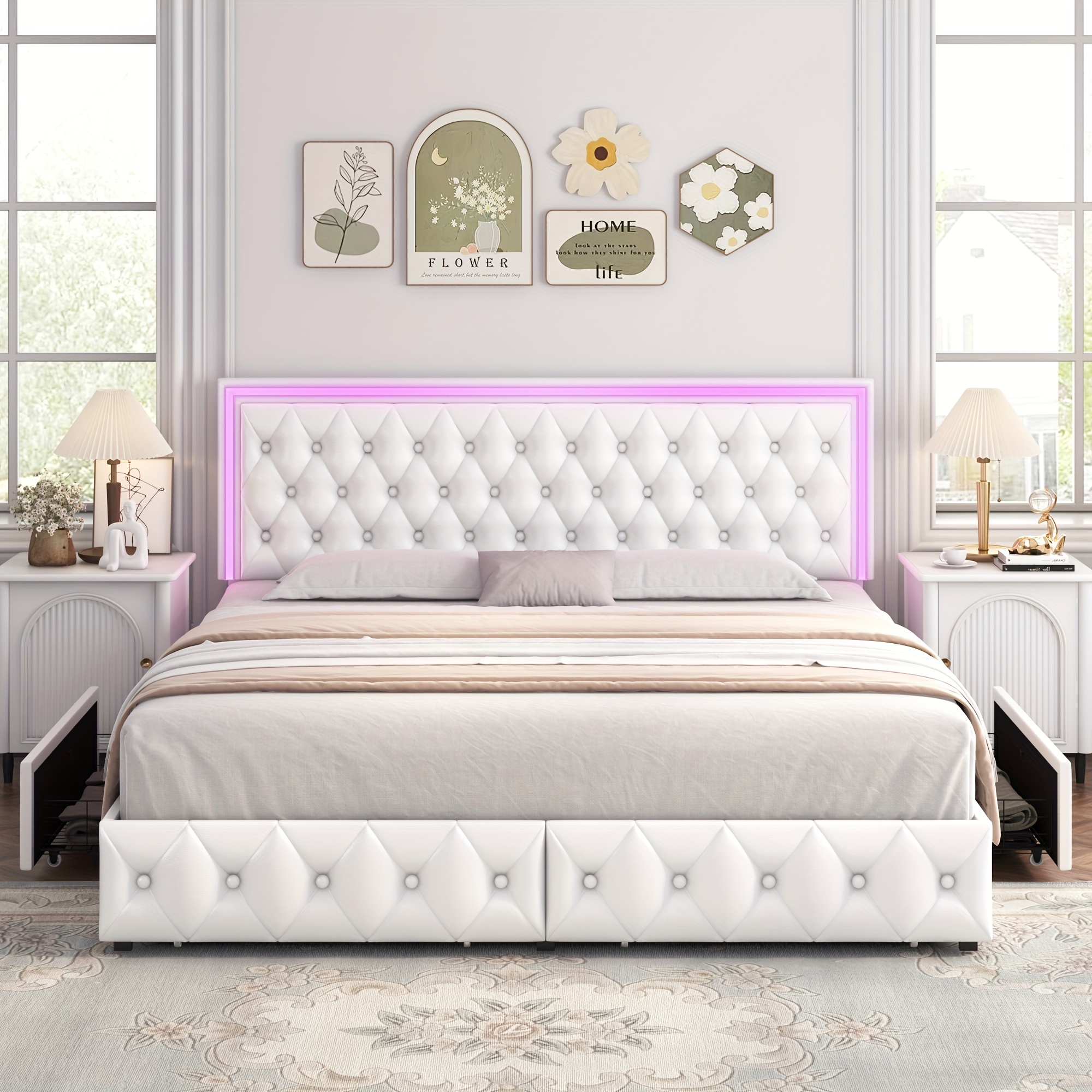 upholstered full queen bed frame with adjuatable headboard and 4 storage drawers platform bed frame with button tufted headboard no box spring needed velvet beige pu white pu black details 16