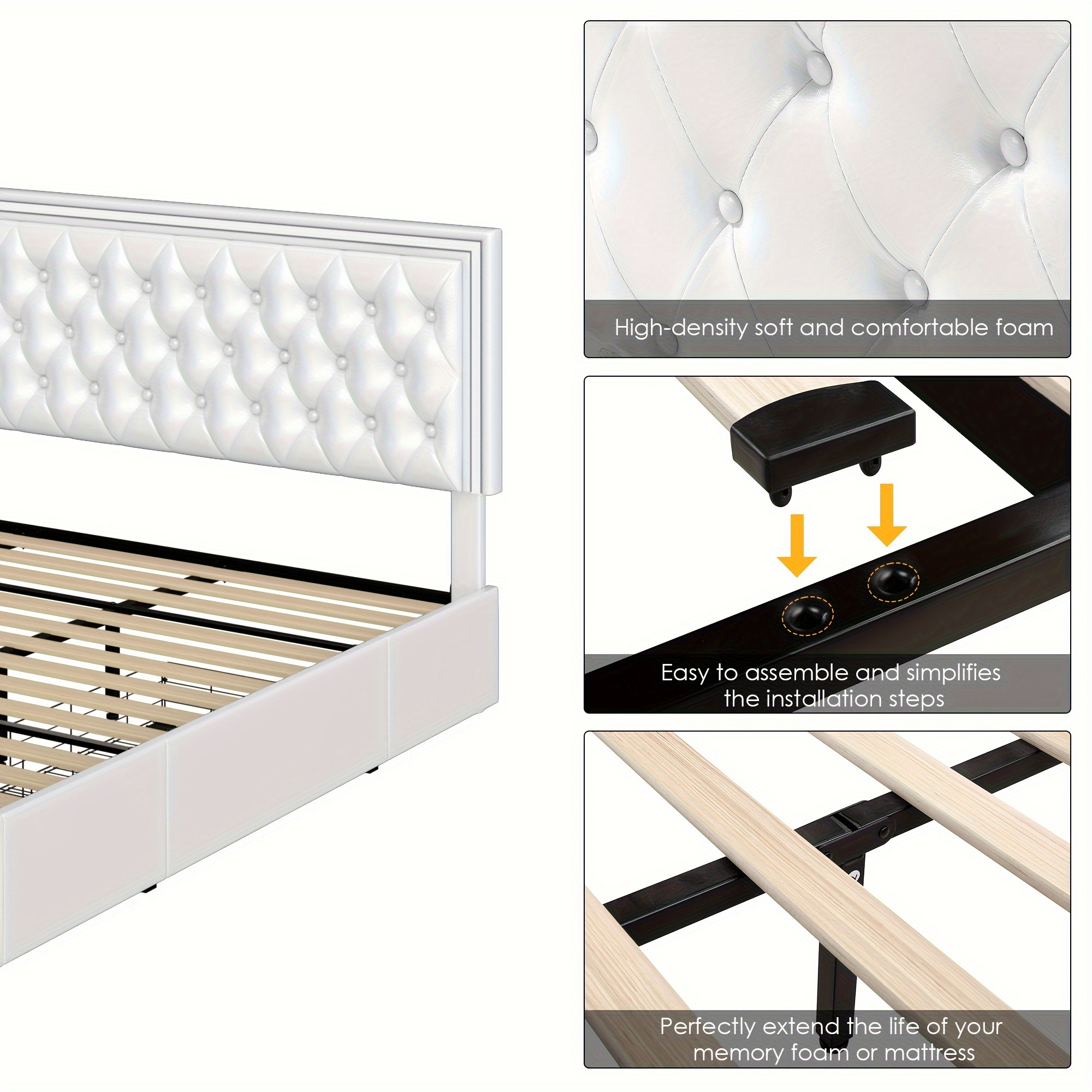 upholstered full queen bed frame with adjuatable headboard and 4 storage drawers platform bed frame with button tufted headboard no box spring needed velvet beige pu white pu black details 17