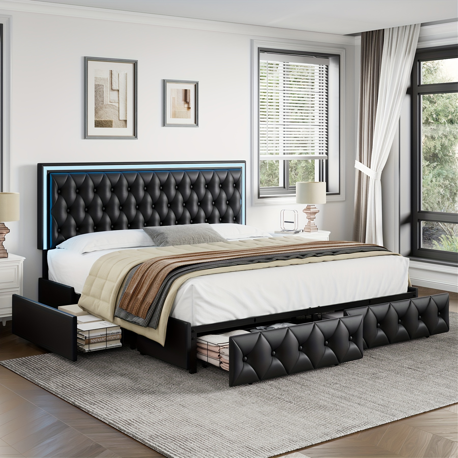 upholstered full queen bed frame with adjuatable headboard and 4 storage drawers platform bed frame with button tufted headboard no box spring needed velvet beige pu white pu black details 18