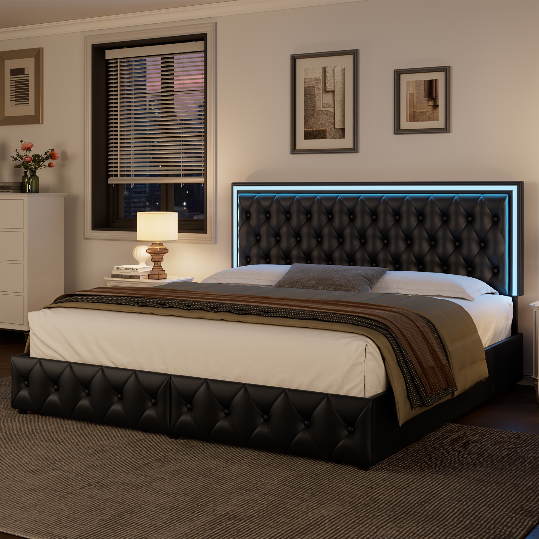 upholstered full queen bed frame with adjuatable headboard and 4 storage drawers platform bed frame with button tufted headboard no box spring needed velvet beige pu white pu black details 19