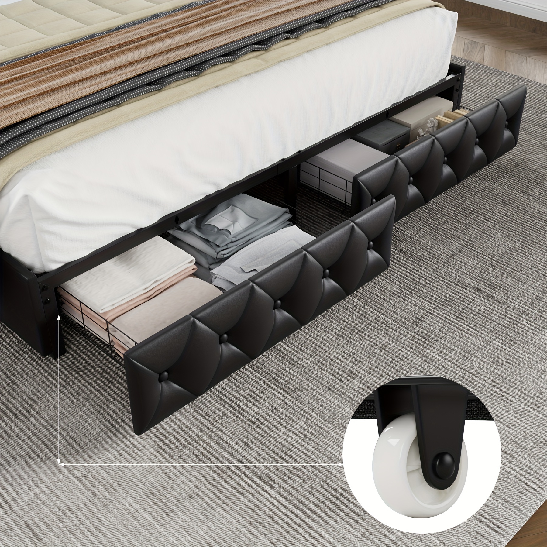 upholstered full queen bed frame with adjuatable headboard and 4 storage drawers platform bed frame with button tufted headboard no box spring needed velvet beige pu white pu black details 23