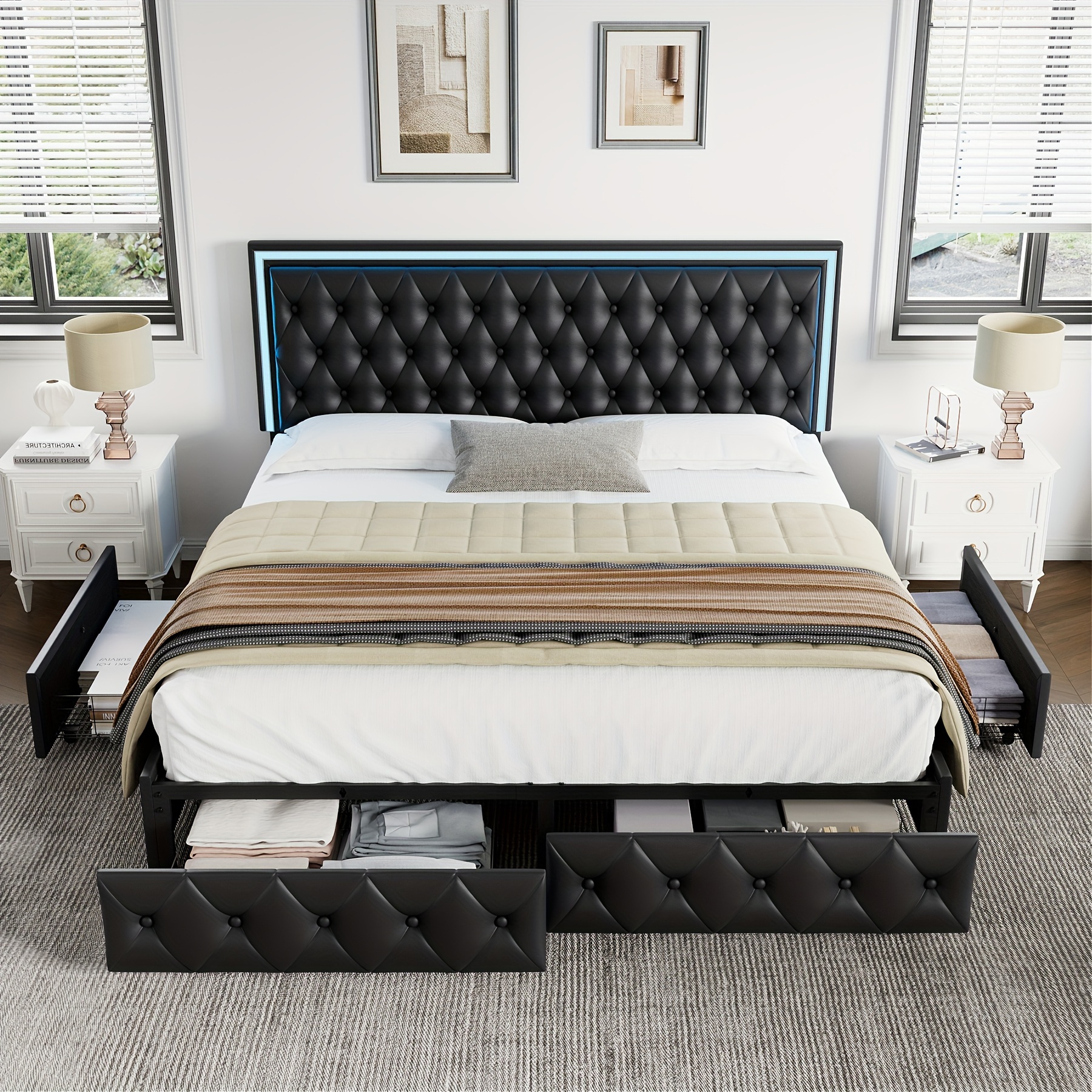 upholstered full queen bed frame with adjuatable headboard and 4 storage drawers platform bed frame with button tufted headboard no box spring needed velvet beige pu white pu black details 25