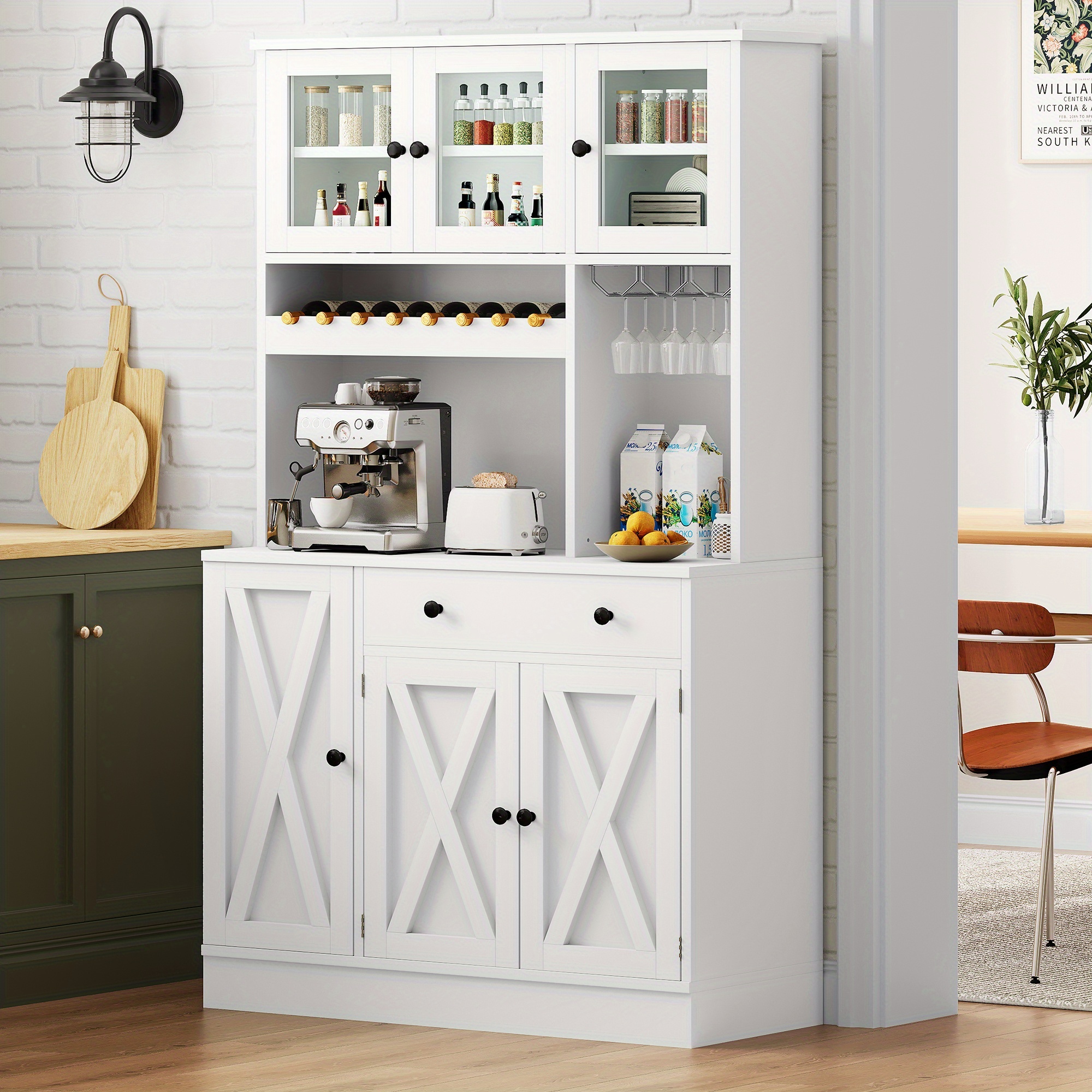 71h kitchen pantry storage cabinet with power outlet tall cabinet with doors shelves drawer buffet cabinet with and wine rack for kitchen living room 41w white details 0