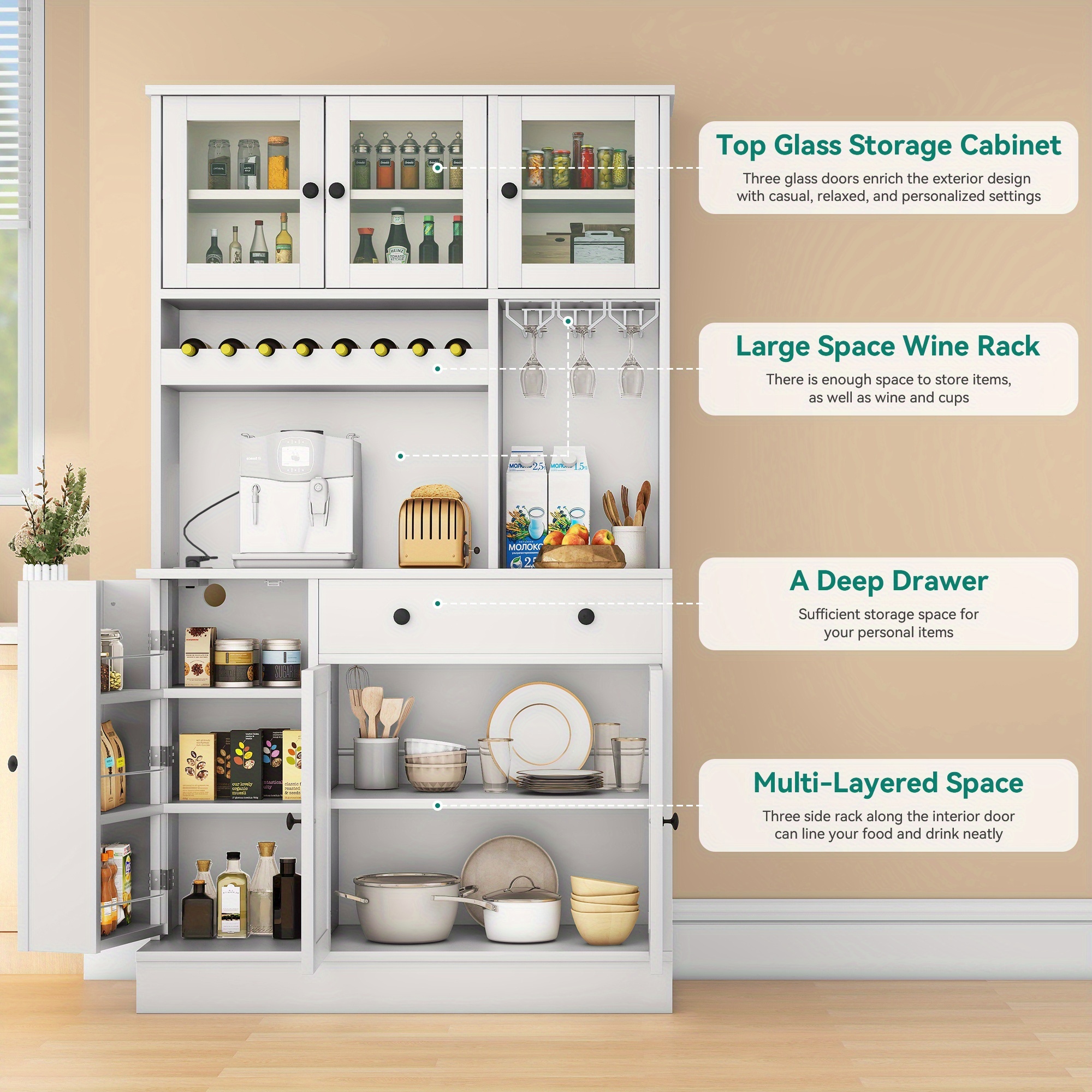 71h kitchen pantry storage cabinet with power outlet tall cabinet with doors shelves drawer buffet cabinet with and wine rack for kitchen living room 41w white details 1