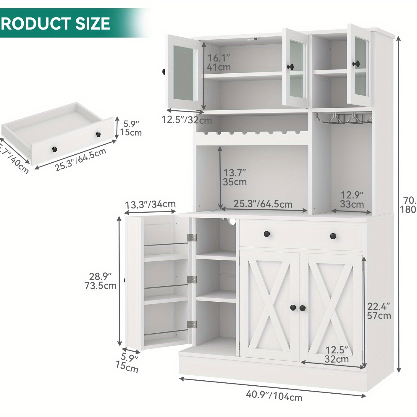 71h kitchen pantry storage cabinet with power outlet tall cabinet with doors shelves drawer buffet cabinet with and wine rack for kitchen living room 41w white details 3