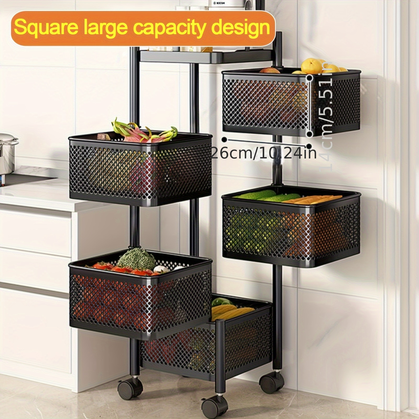 1pc 4 tier rotating storage shelves rack removable with rolling wheels shelf organizer for fruit vegetable grocery 4 tier black details 1