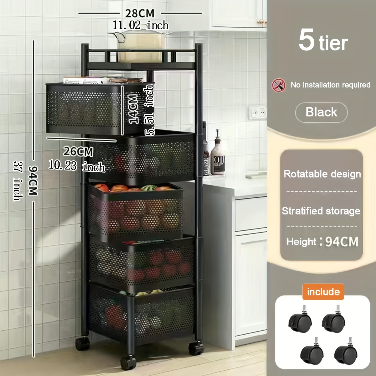 1pc 4 tier rotating storage shelves rack removable with rolling wheels shelf organizer for fruit vegetable grocery 4 tier black details 2