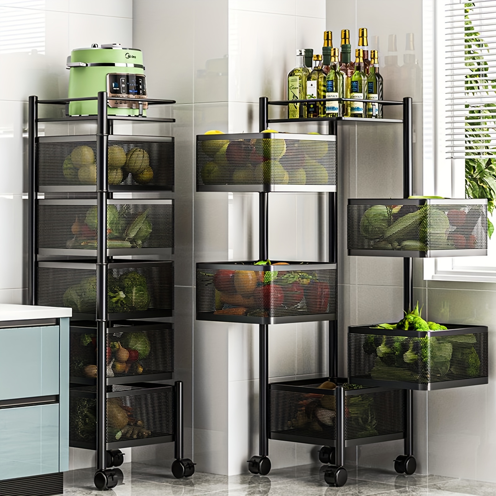 1pc 4 tier rotating storage shelves rack removable with rolling wheels shelf organizer for fruit vegetable grocery 4 tier black details 3