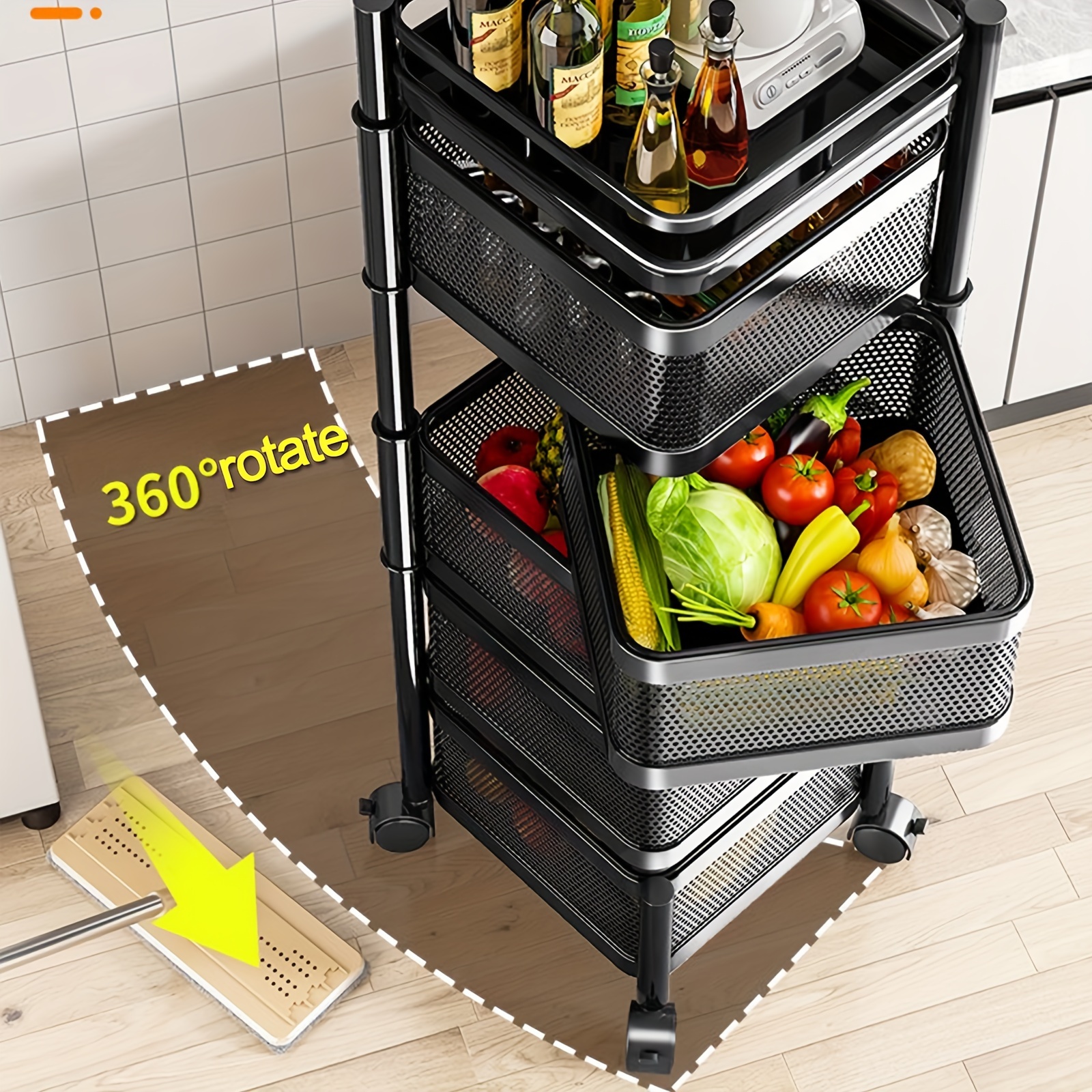 1pc 4 tier rotating storage shelves rack removable with rolling wheels shelf organizer for fruit vegetable grocery 4 tier black details 4