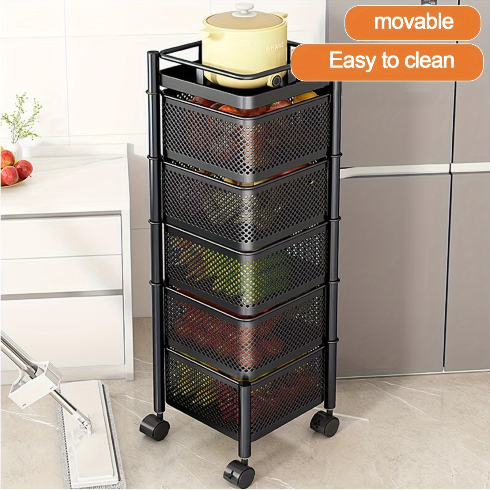 1pc 4 tier rotating storage shelves rack removable with rolling wheels shelf organizer for fruit vegetable grocery 4 tier black details 5