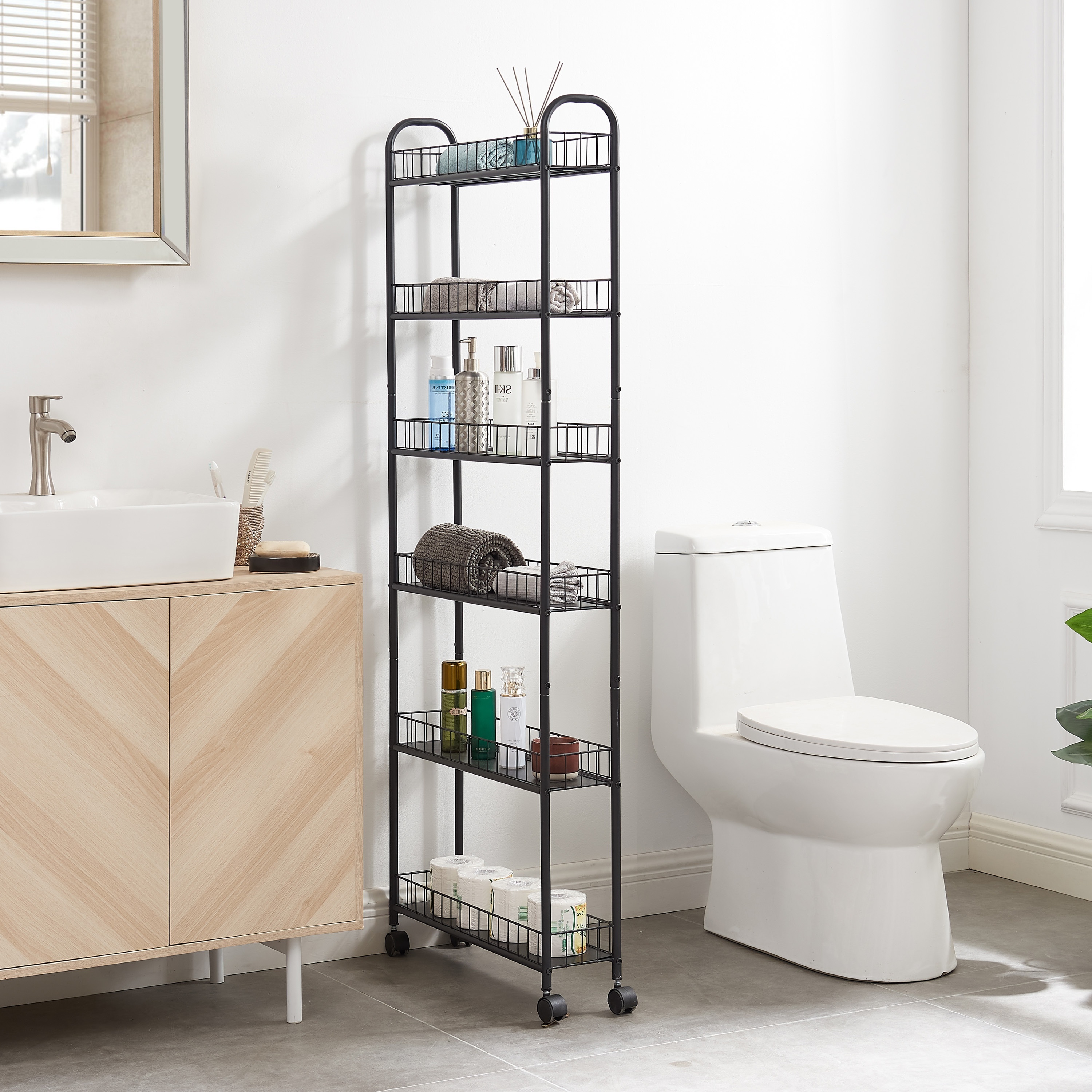 6 tier rolling cart kitchen slim slide out storage tower rack with wheels 6 baskets kitchen bathroom laundry narrow piaces utility cart details 1