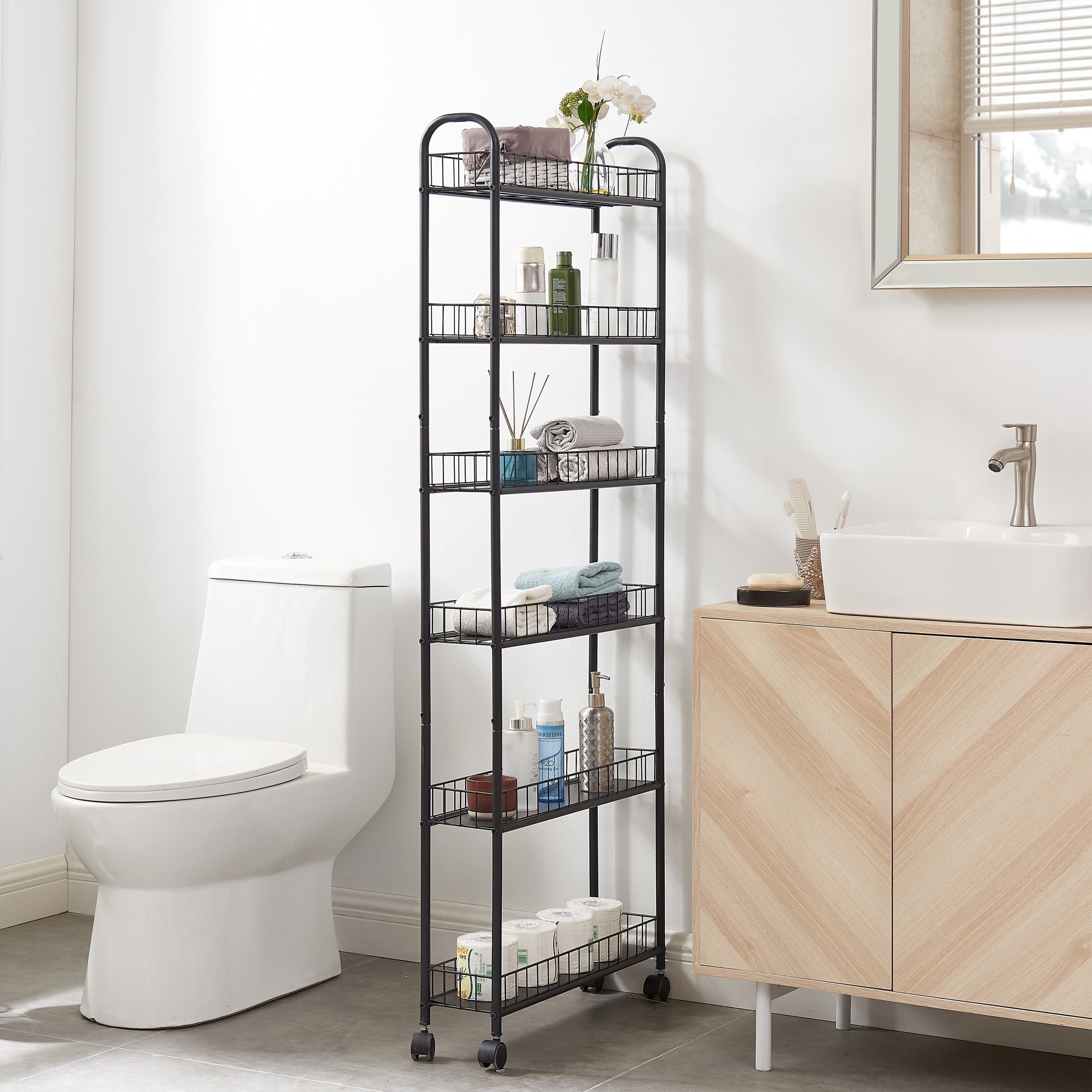 6 tier rolling cart kitchen slim slide out storage tower rack with wheels 6 baskets kitchen bathroom laundry narrow piaces utility cart details 2