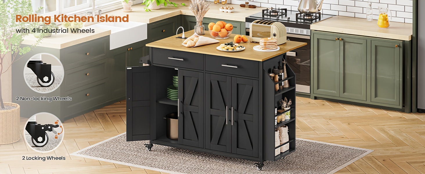 rolling kitchen island cart with folding drop leaf portable trolley island large storage cabinet shelf spice rack towel rack drawers black details 2